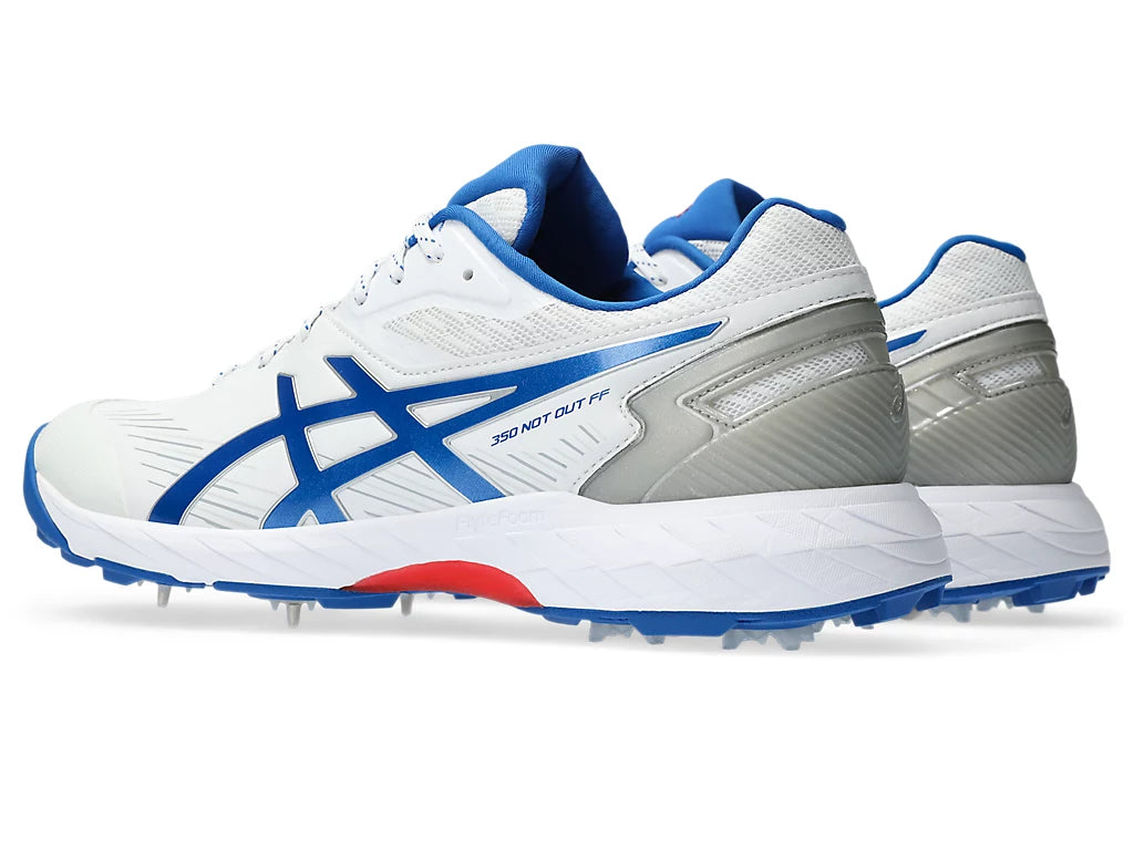 ASICS 350 Not Out White/Tuna Blue Cricket Shoes with Metal Spikes - Perfect for Professional Cricket Matches & Training Sessions