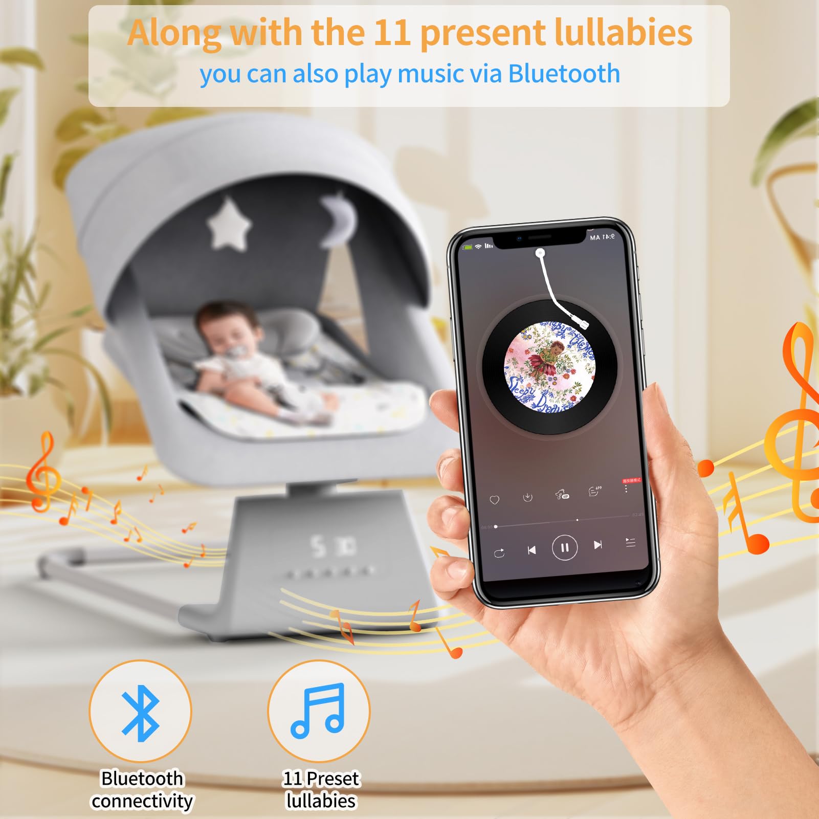 Baby Swing for Infants & Toddlers - Portable Indoor Rocker with Remote, 5 Speed Settings, Bluetooth & 11 Lullabies - Newborn Bouncer for Boys & Girls (Perfect for Nursery, Daycare & Travel)