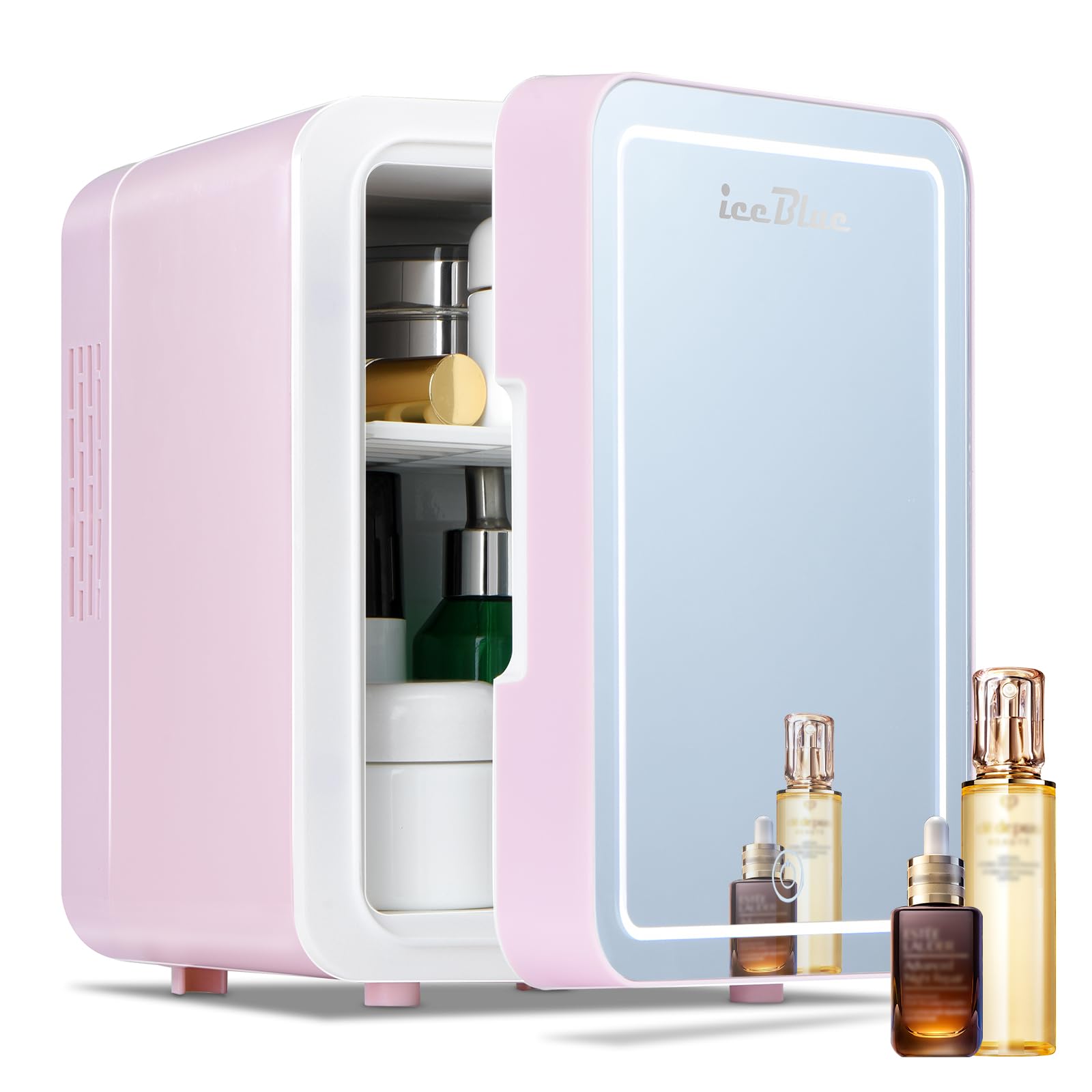 Iceblue 4L Skincare Fridge with Dimmable LED Light Mirror - Portable Mini Makeup Cooler for Cosmetics, Perfumes & Drinks - Perfect for Bedroom, Office, Dorm & Car Travel (Pink) | Keep Beauty Essentials Fresh & Beverages Chilled Anywhere
