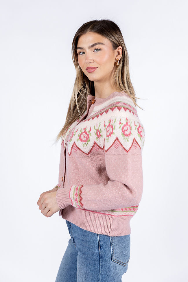 Sunny Meadow Pink Floral Fair Isle Cardigan Sweater for Women - Cozy Knit Pullover for Fall & Winter - Perfect for Christmas, Office Wear, and Casual Outfits