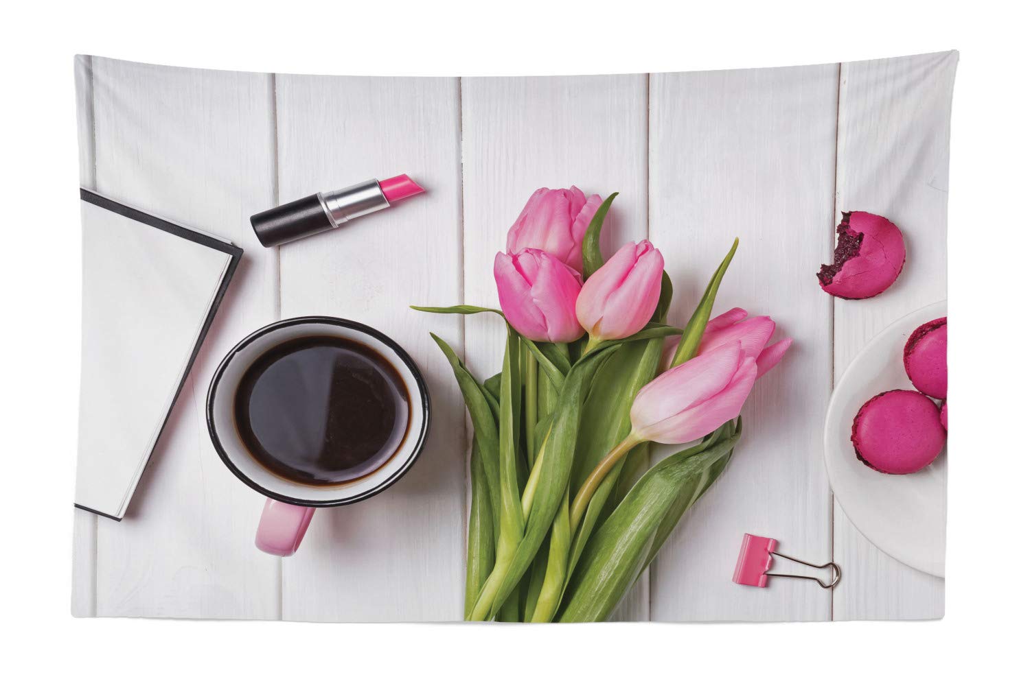Ambesonne Floral Tapestry Wall Hanging - Pink Multicolor Bohemian Decor with Coffee Cup, Lipstick & Macaroon Design (45x30 Inches) for Bedroom, Living Room, Dorm & Home Office Aesthetic