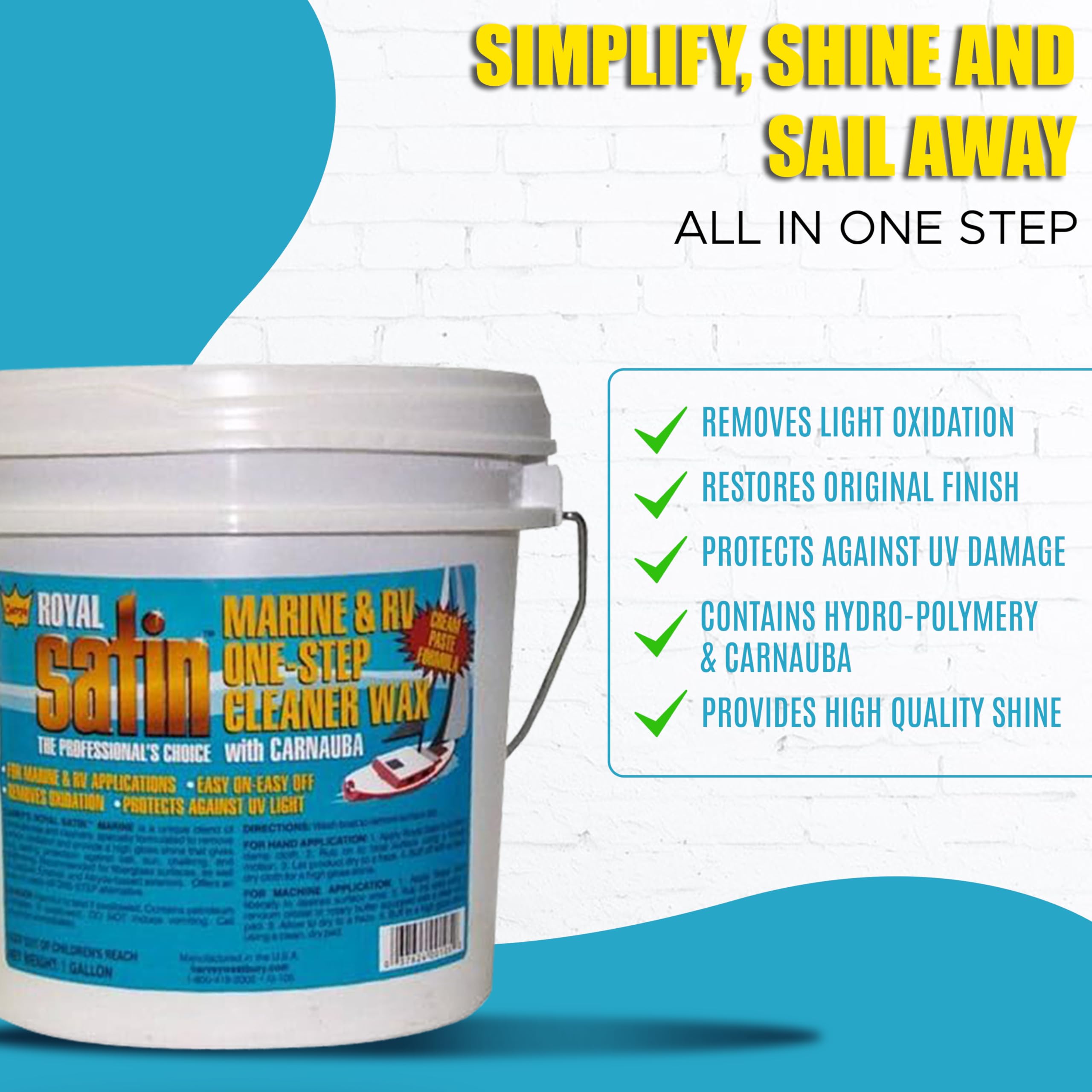 Garry's Royal Satin Marine & RV ONE STEP Cleaner Wax (1 Gallon) - Premium Boat & RV Polish for Shine & Protection - Ideal for Boats, RVs, Trailers & Fiberglass Surfaces