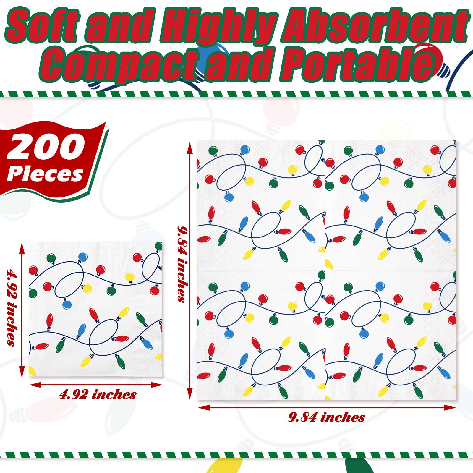 200 Pack Christmas Disposable Guest Hand Towels - 9.8x9.8 Inch Holiday Paper Napkins for Christmas Party, Home Decor, Kitchen & Bathroom - Festive Dinner, Gift Wrapping & Holiday Table Setting