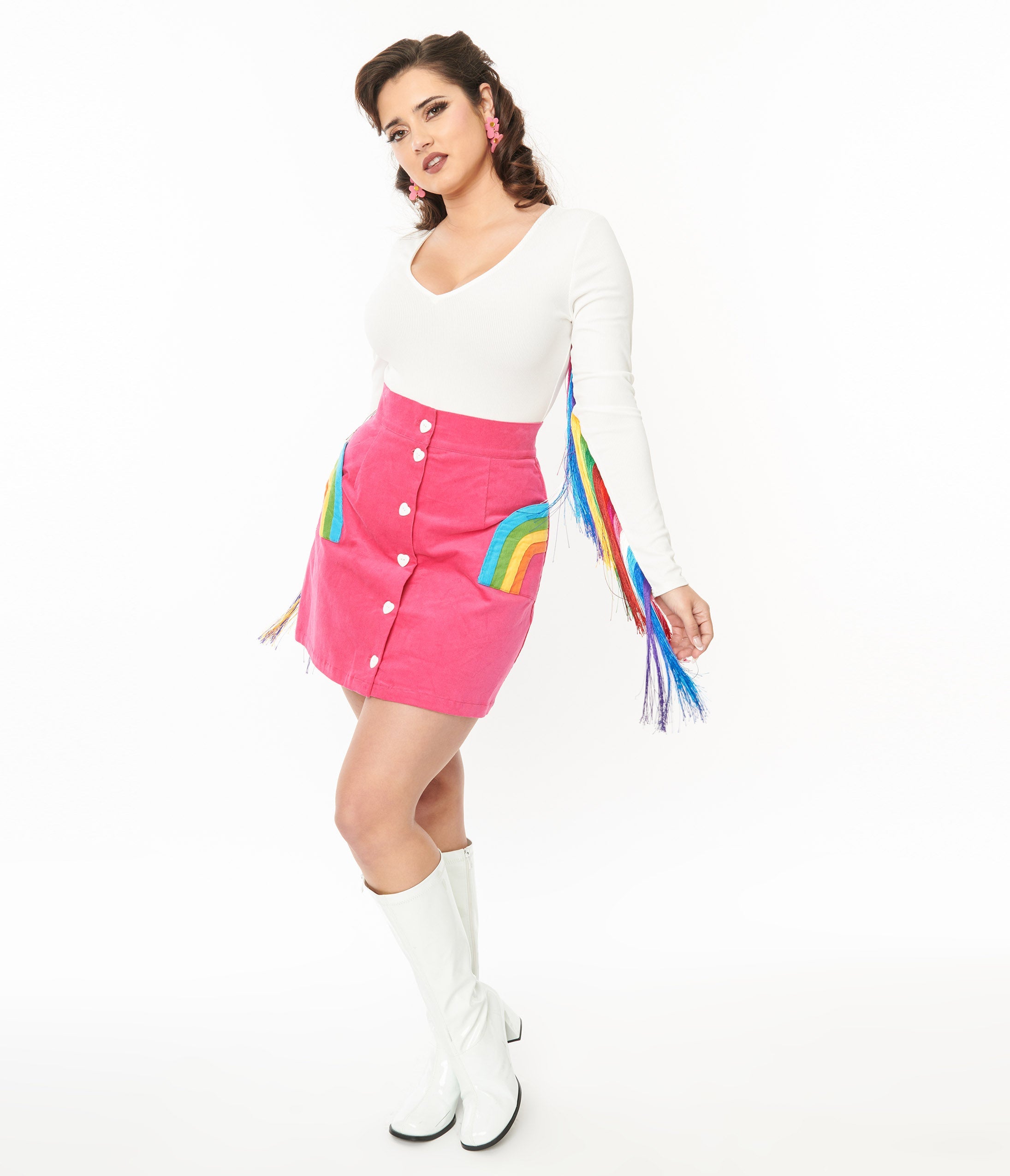 Smak Parlour Hot Pink & Rainbow Match Game Mini Skirt - Women's Fun Party Outfit for Festivals, Clubbing & Costume Events