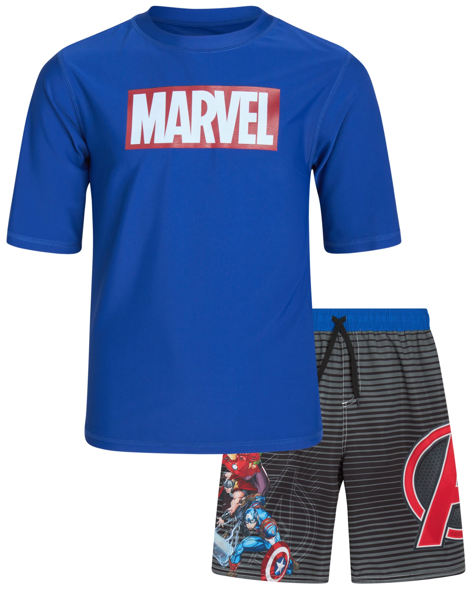 Marvel Avengers Boys' UPF 50+ Swim Shirt & Trunks Set - Spider-Man & Captain America Swimwear for Kids (3T-12) - Perfect for Pool, Beach & Summer Water Activities