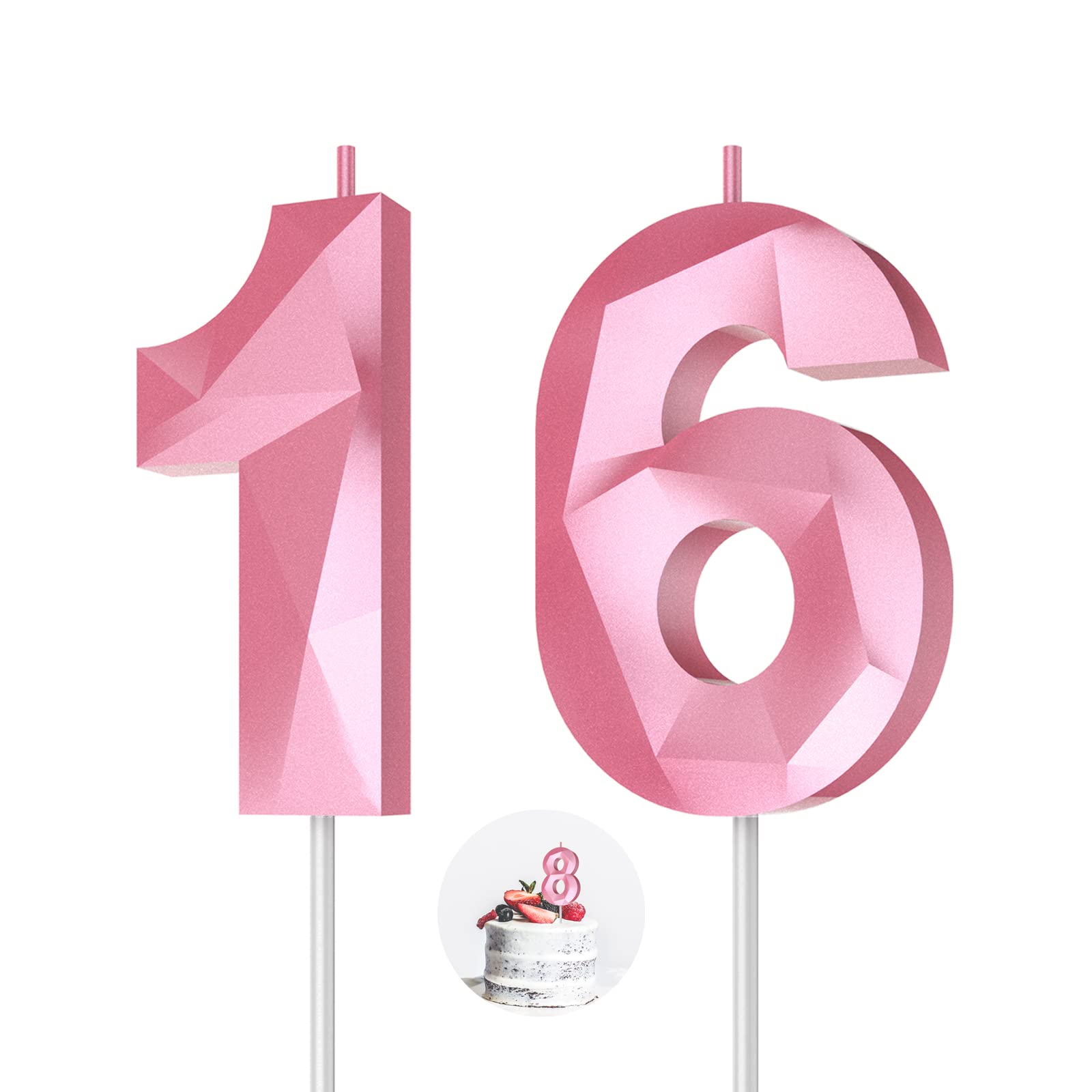 3D Diamond-Shaped Number 16 Birthday Candles (Pink) - Happy 16th Birthday Cake Topper Decorations for Girls, Women, Birthday, Wedding & Anniversary Celebrations - Perfect for Theme Parties & Special Occasions