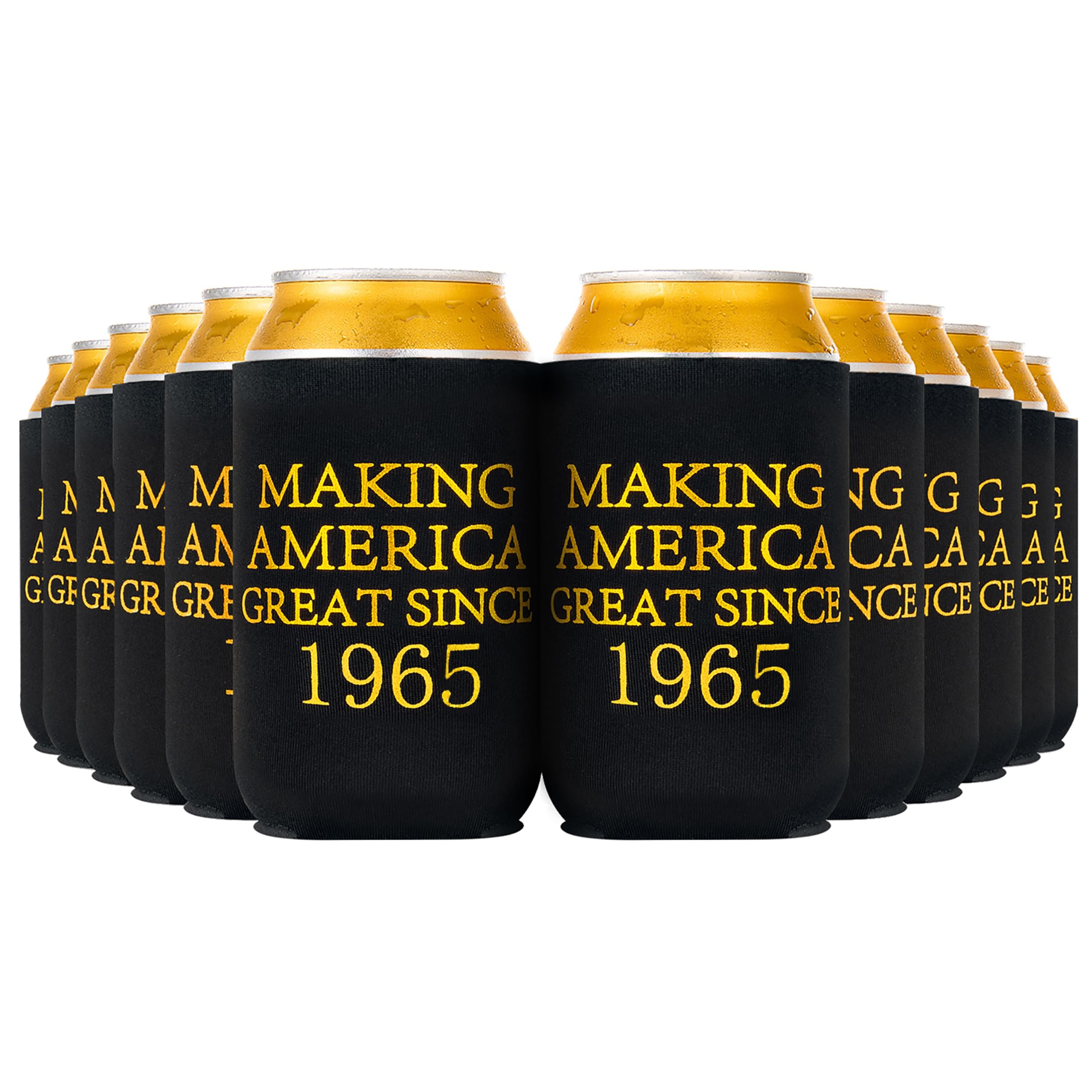60th Birthday Beer Sleeve Can Cooler - Black & Gold Neoprene Insulated Can Covers (12 Pack) - Perfect for Beer, Soda & Beverages - Great Since 1965 - Ideal for Birthday Parties, BBQs & Tailgating
