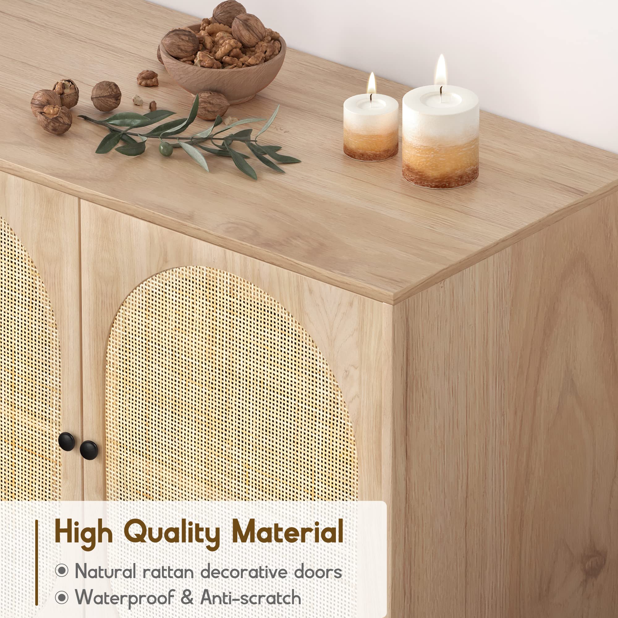 XIAO WEI Rattan Storage Cabinet with Doors - Modern Boho Farmhouse Accent Sideboard Buffet Cabinet with Metal Legs, Natural Finish - Perfect for Living Room, Hallway, Kitchen & Dining Room Storage & Decor