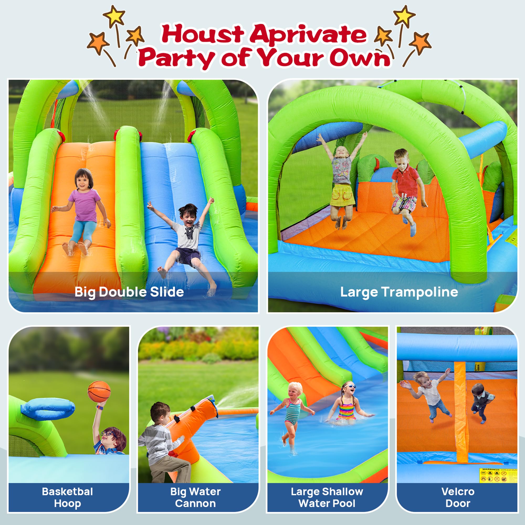 Best Inflatable Water Park with Blower - Bouncy House with Double Slide, Water Cannon & Basketball Hoop - Perfect for Backyard Parties, Summer Fun & Kids Outdoor Activities