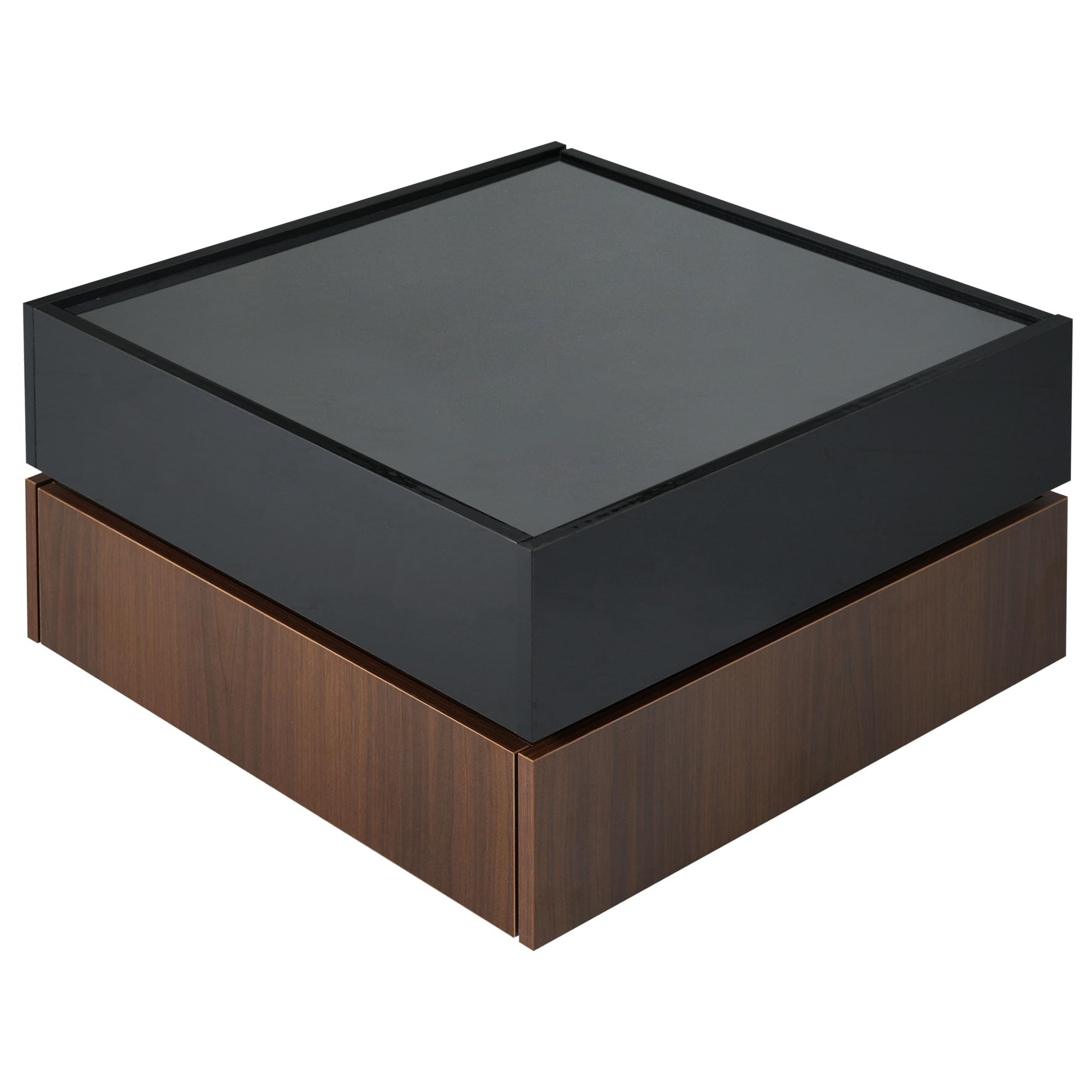 360° Rotating Modern Coffee Table with 2 Storage Drawers - High Gloss 2-Tier Square Center Table & Side Table for Living Room - Black & Walnut Finish - Perfect for Small Spaces & Home Decor