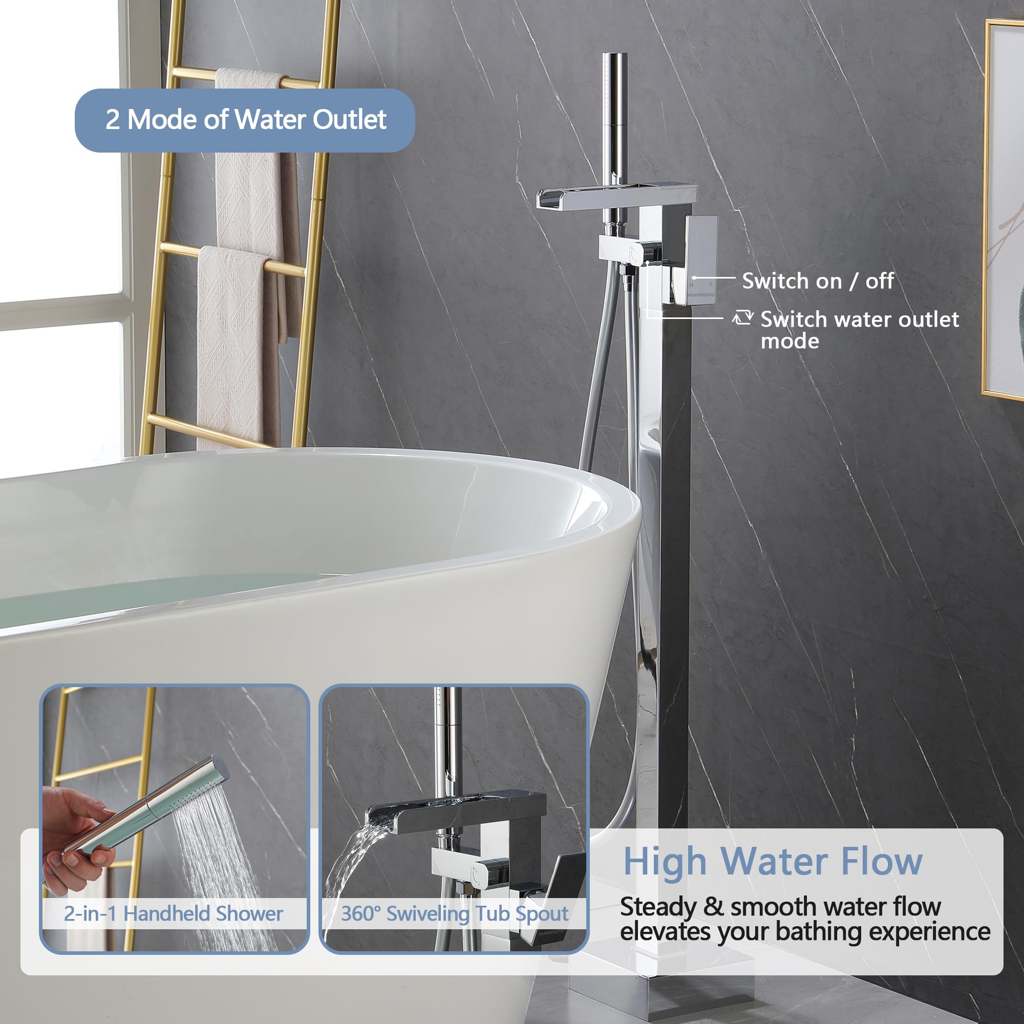 Chrome Freestanding Bathtub Faucet with Hand Shower & Waterfall Spout - Floor Mount Tub Filler Mixer Tap for Soaker Tubs | Perfect for Modern Bathroom, Spa Retreat & Luxury Home Renovation