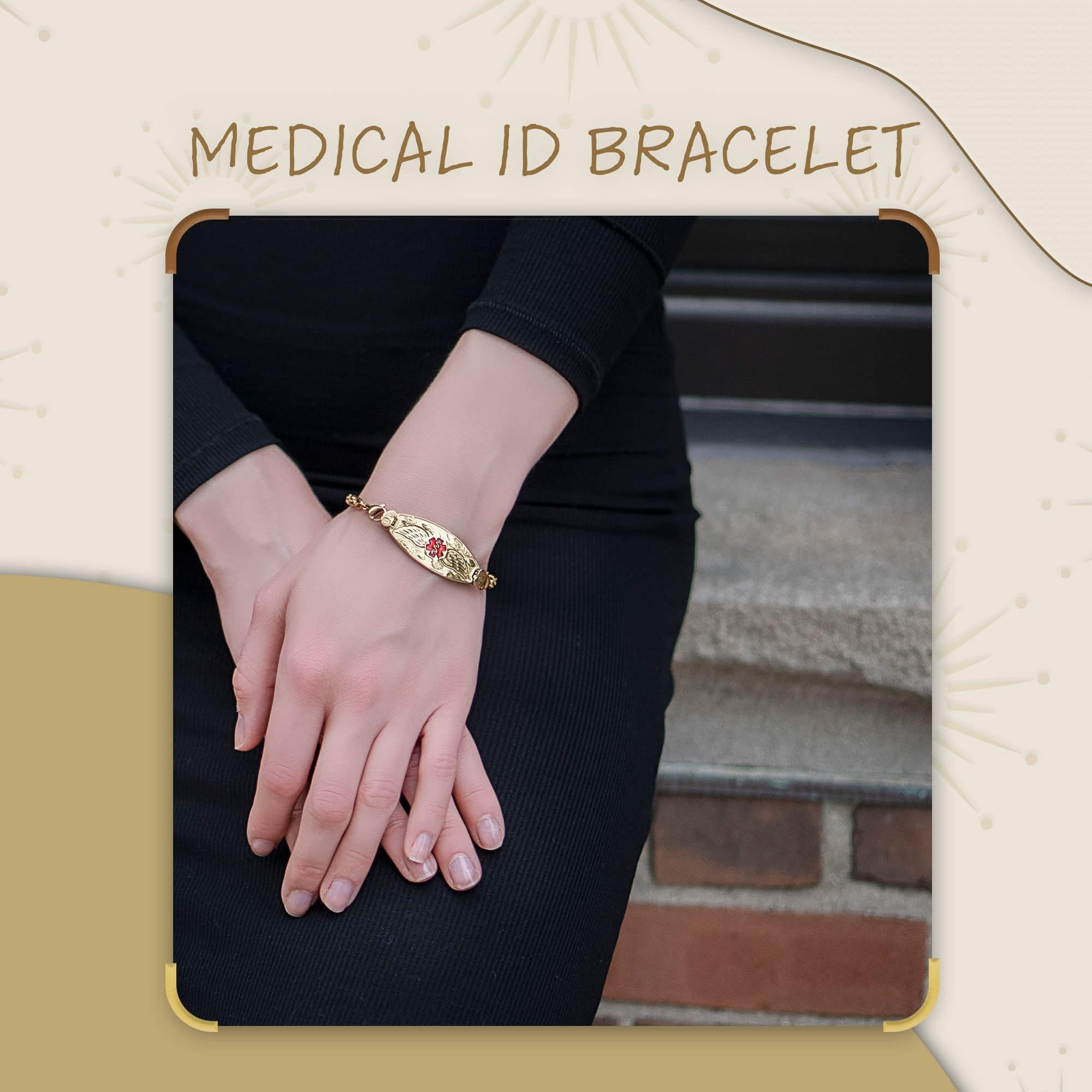 Divoti Custom Engraved Angel Wing Medical ID Bracelet for Women - Adjustable Bow Link Design, Emergency Alert Jewelry for Diabetes, Allergies & Medical Conditions - Perfect for Everyday Wear & Special Occasions
