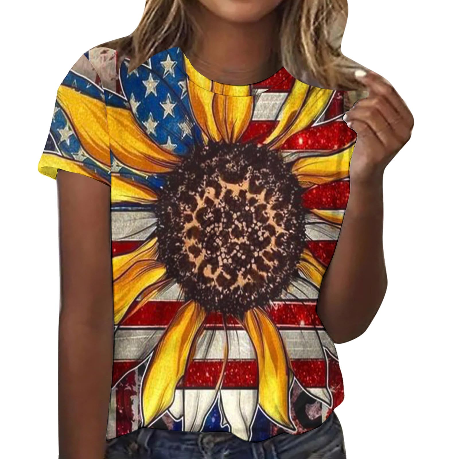 Women's Sunflower Print Short Sleeve T-Shirt - American Flag Patriotic Summer Top 2024 | Casual Wear, Outdoor Activities & July 4th Celebrations