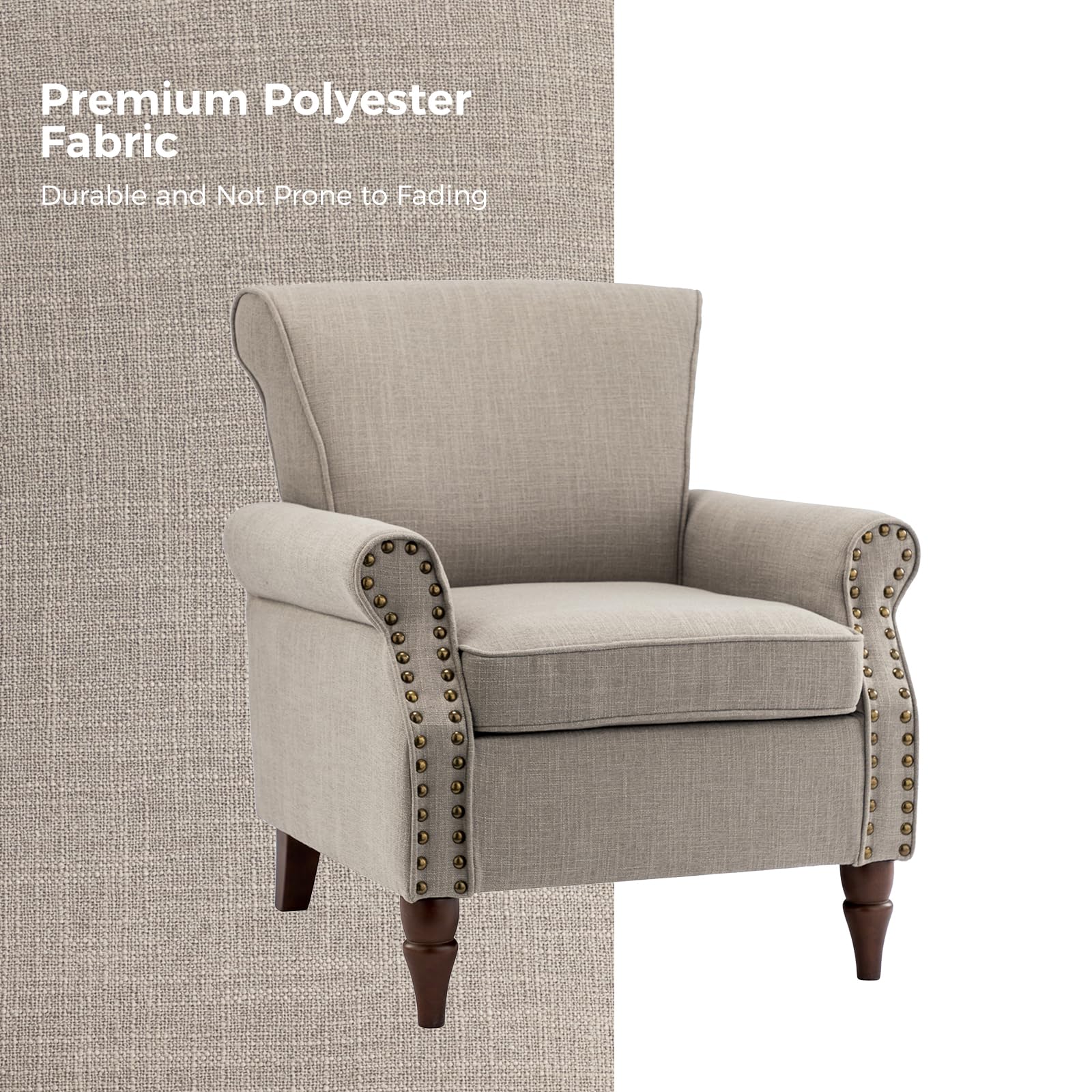 TINA'S HOME Modern Accent Chairs Set of 2 - Wooden Legs & Nailhead Trim Fabric Upholstered Armchairs with Removable Cushions - Living Room, Bedroom, Office Lounge Seating - Grey Club Chairs for Home Decor & Relaxation