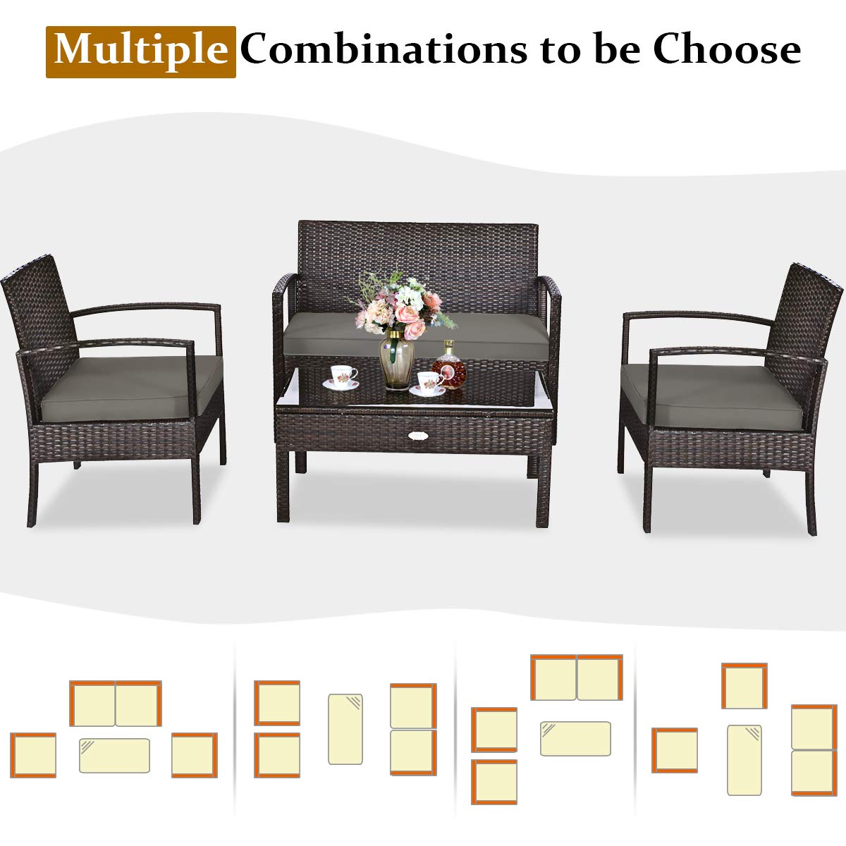 Tangkula 4-Piece Brown Wicker Patio Furniture Set - Outdoor Rattan Chairs & Coffee Table with Washable Cushions for Garden, Balcony, Courtyard | Perfect for Relaxing, Entertaining & Outdoor Dining