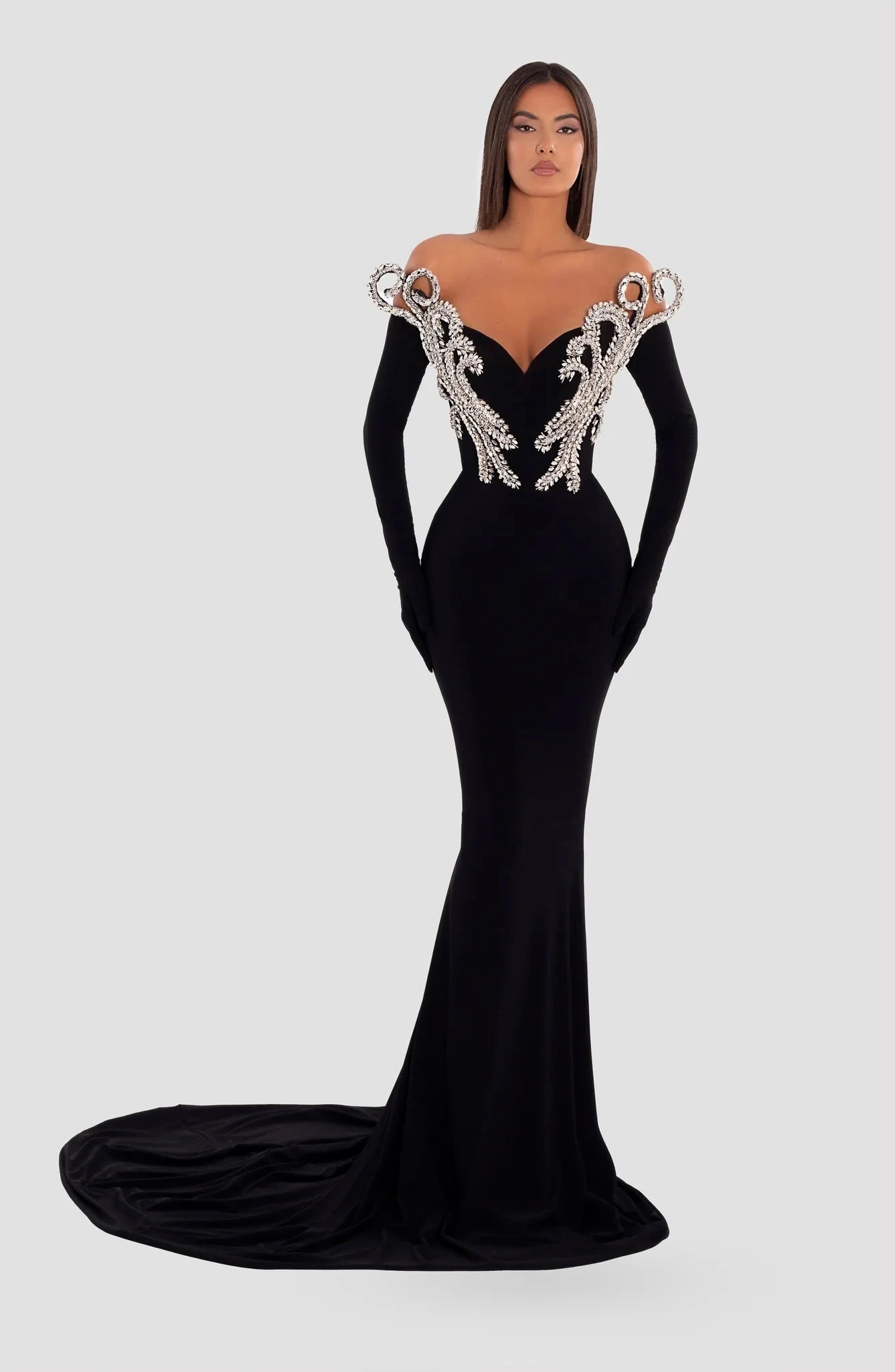 2024 New Women's Long Sleeve Off Shoulder Floor Length Evening Dress with Gloves - Elegant Prom Party Gown for Formal Occasions, Weddings & Special Events