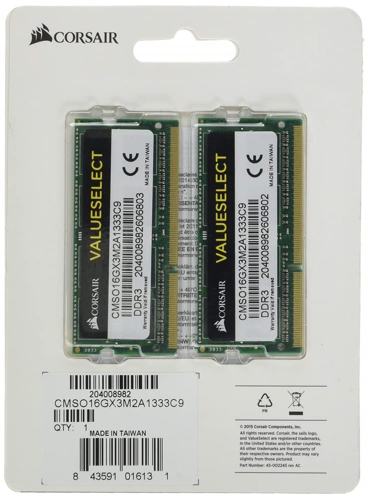 Corsair Value Select 16GB (2x8GB) DDR3 1333MHz SODIMM Laptop Memory Kit - C9 Latency, Black - Upgrade for Gaming, Business & Multimedia Notebooks