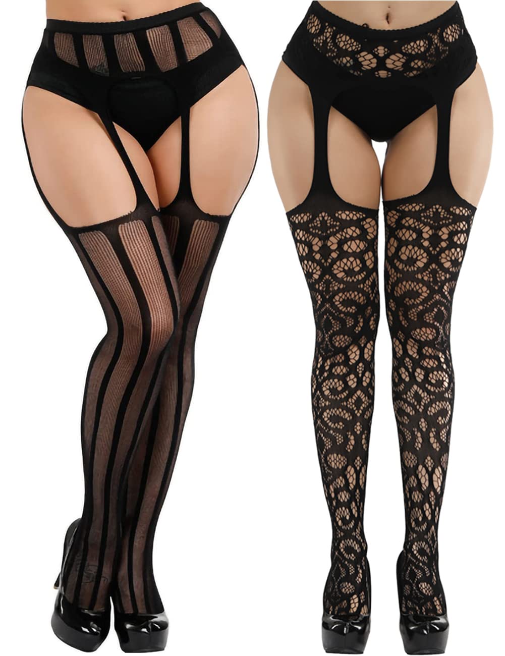 Sexy Women's Garter Belt with Fishnet Stockings - High Waisted Suspender Pantyhose for Lingerie, Boudoir & Special Occasions