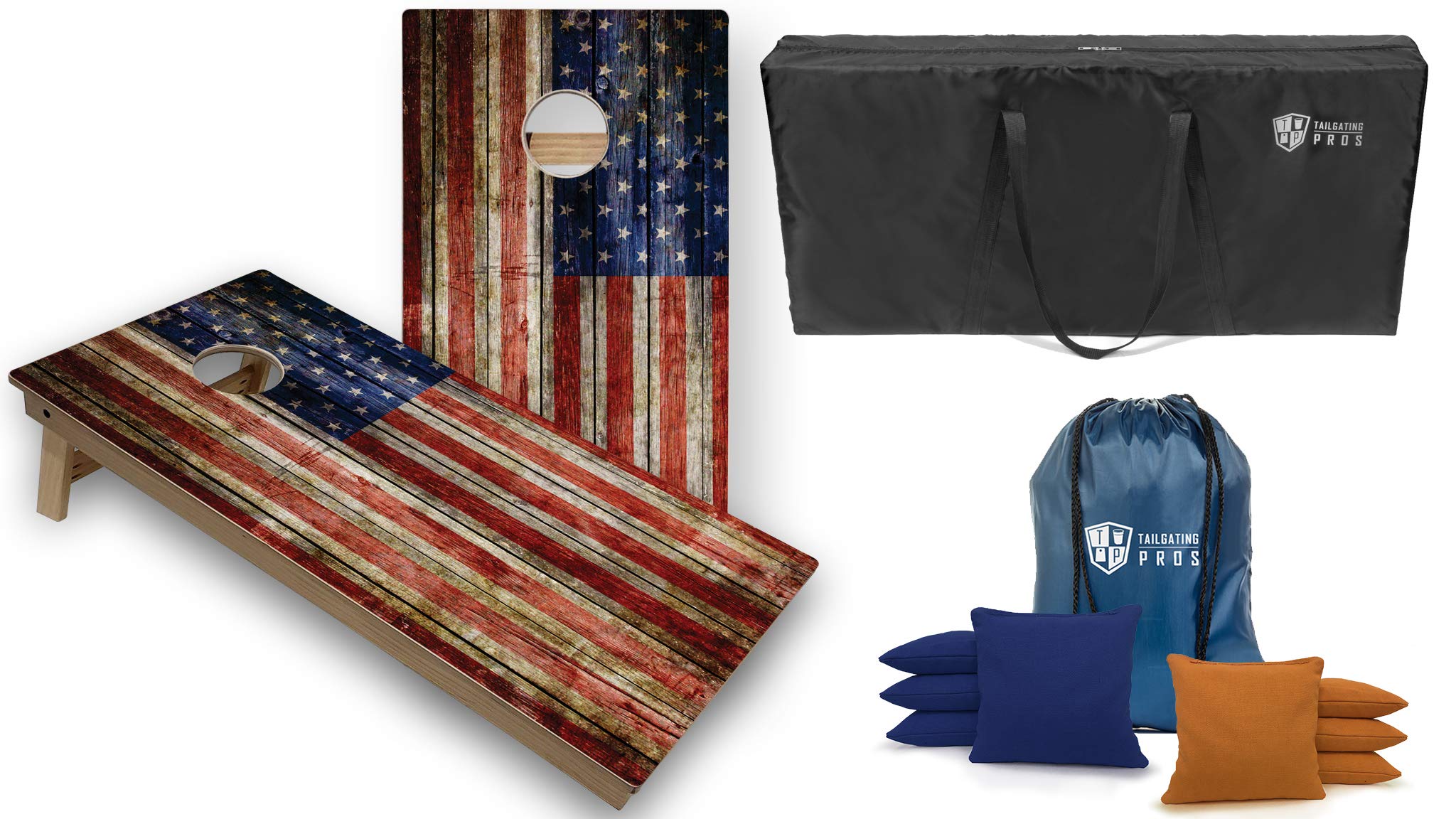 Tournament Grade Cornhole Game Set - 2 Professional 4'x2' Rustic Flag Cornhole Boards, Carrying Case & 8 Bags (LED Lights Optional) | Perfect for Tailgating, Backyard Parties, and Outdoor Events