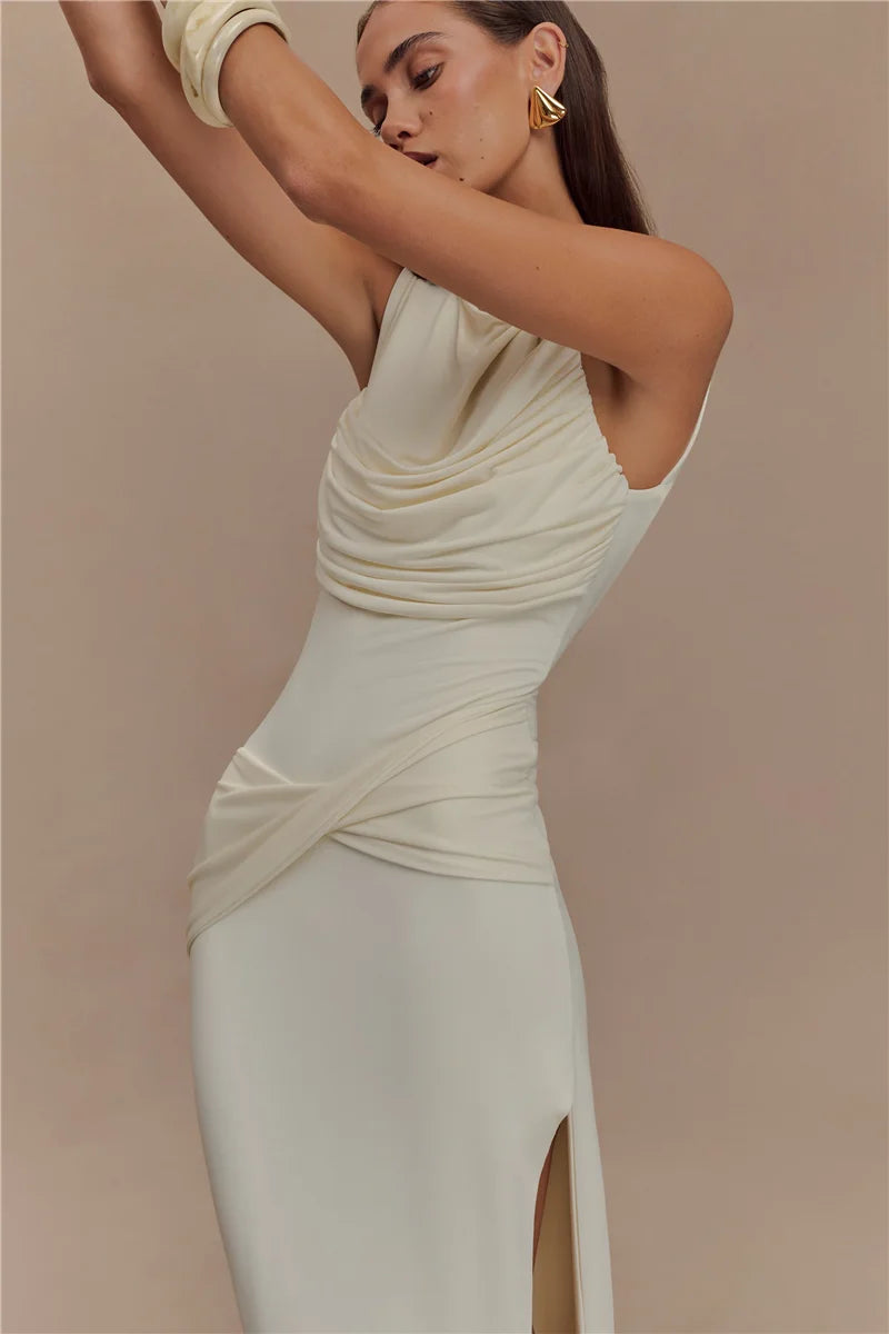 Sexy Backless Ruched Maxi Tank Dress for Women - Elegant O Neck Thigh High Split Bodycon Long Gown | Perfect for Summer Parties, Date Nights & Beach Vacations