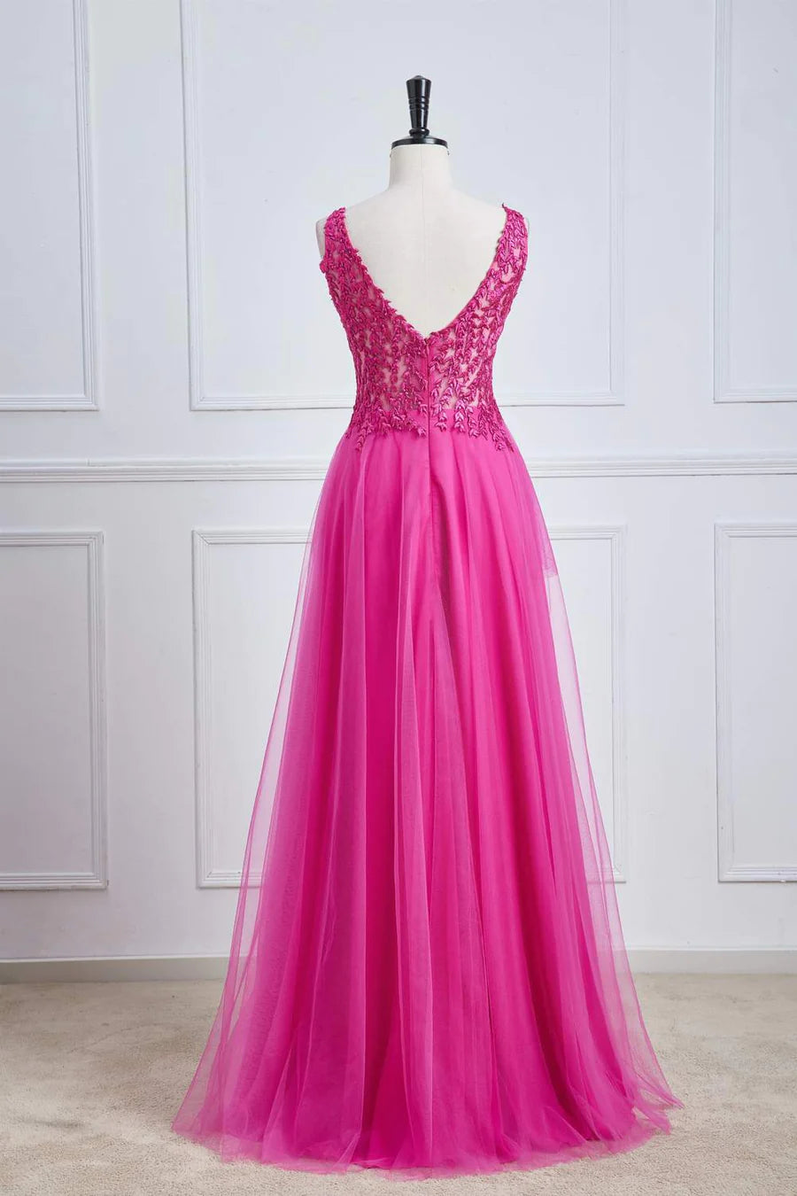 Fuchsia A-Line Long Prom Dress with Plunging V-Neck & Floral Design - Elegant Evening Gown for Homecoming, Formal Dances & Special Occasions