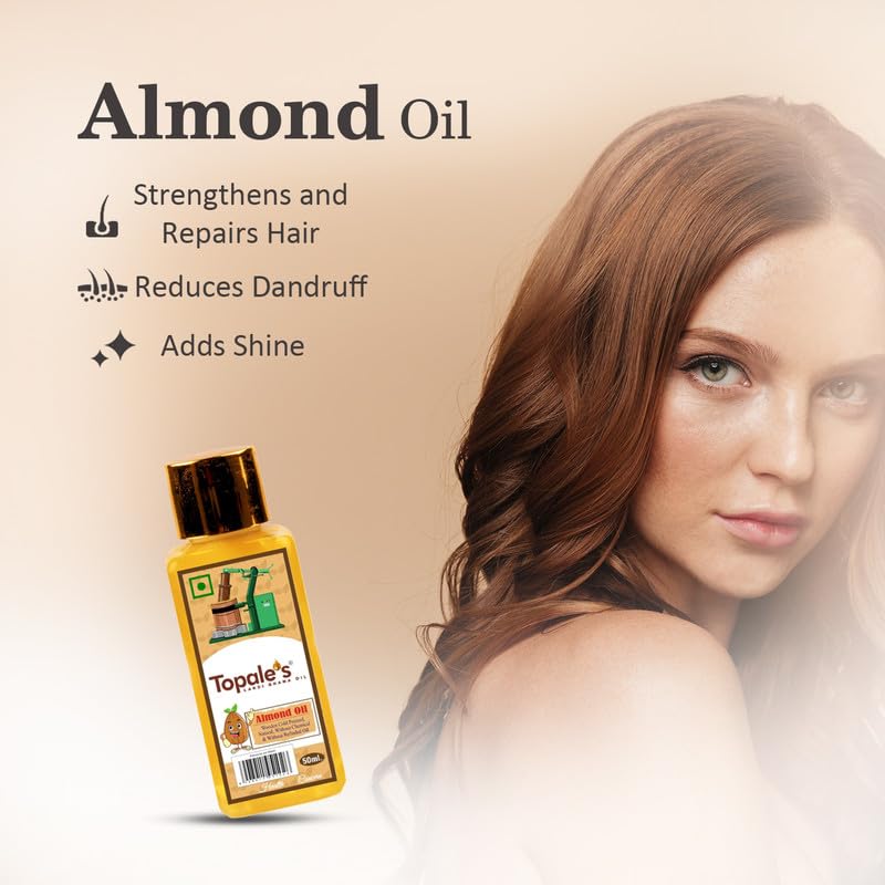 Topale's 100% Pure Cold Pressed Almond Oil 50ml - Vitamin E Rich Badam Oil for Face, Hair Growth & Baby Massage | Nourishes Skin & Strengthens Hair | Perfect for Daily Skincare, Hair Care & Infant Massage Routines