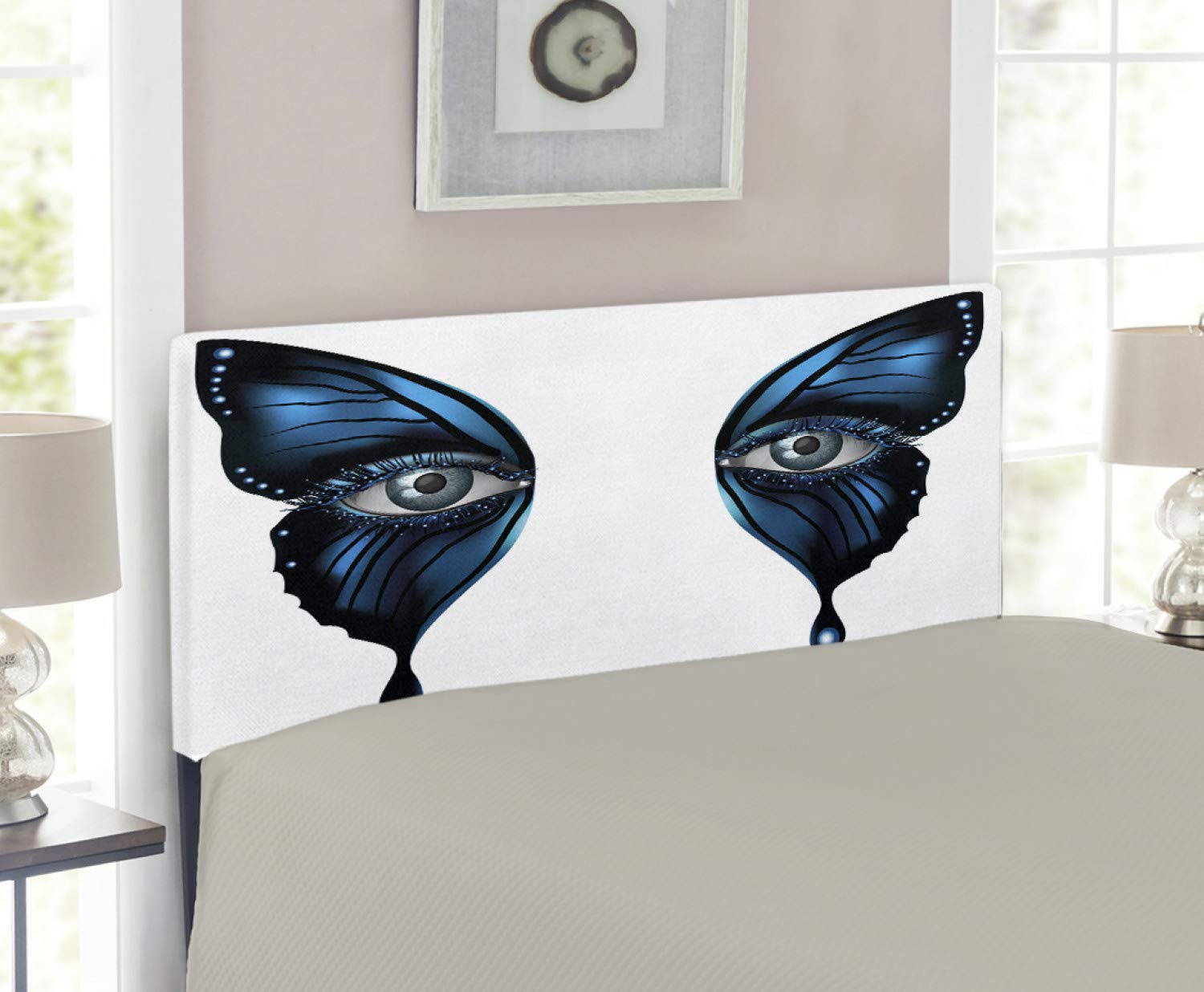 Ambesonne Upholstered Metal Headboard with Memory Foam - Twin Size Blue Black White Butterfly Wing Design with Realistic Female Eye for Bedroom Decor | Perfect for Gothic, Masquerade & Themed Bedrooms