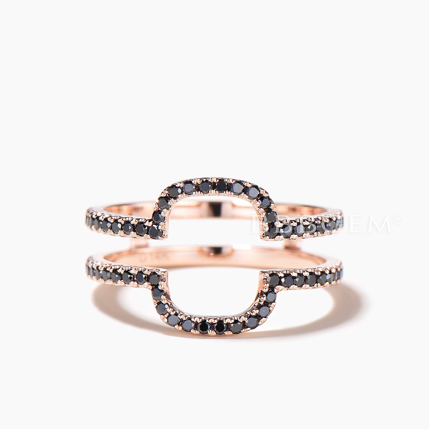 Exquisite Round Cut Black Spinel Double U Curved Wedding Band Ring Enhancer in Rose Gold | Perfect for Bridal Stacking, Anniversary Gifts & Special Occasions