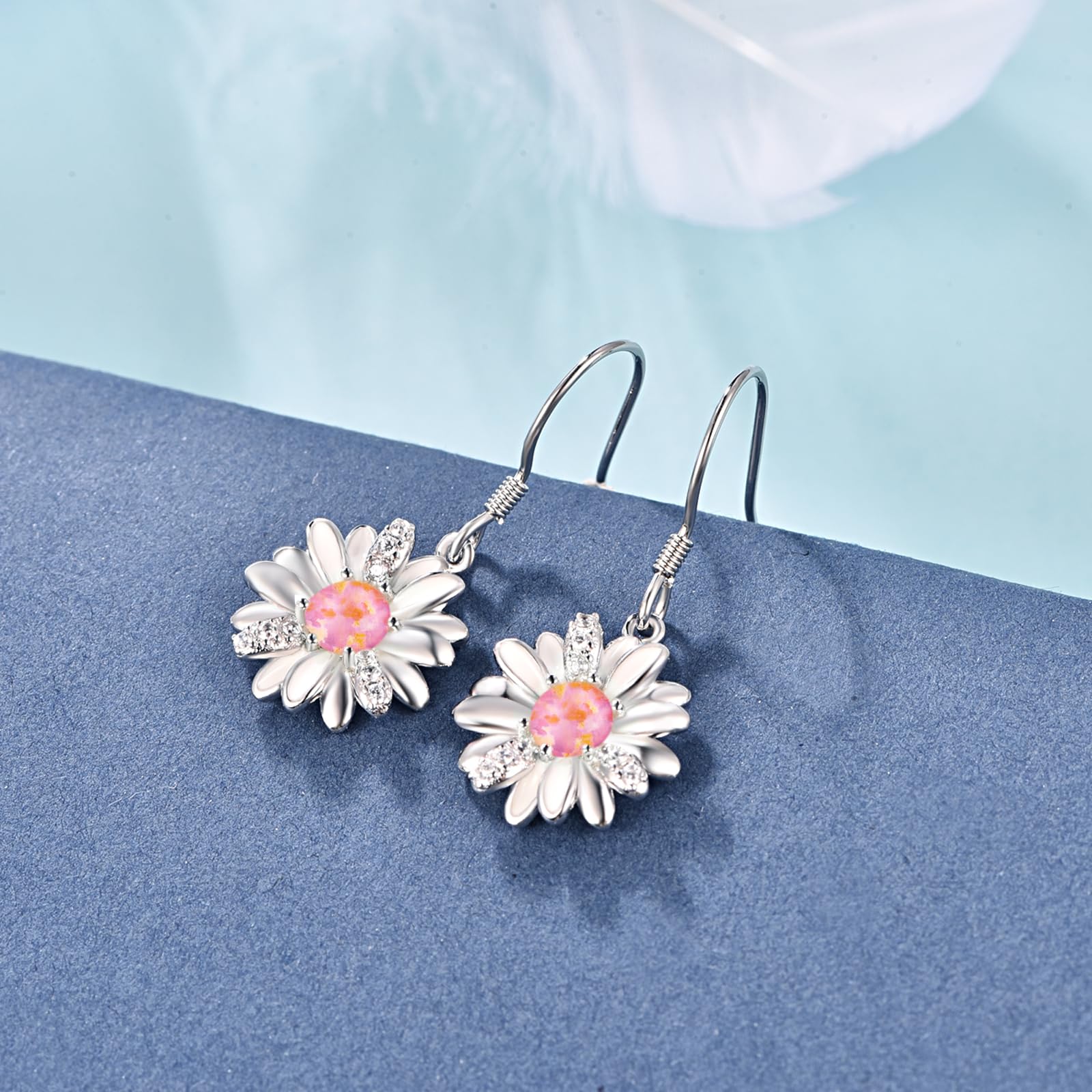 KINGWHYTE 925 Sterling Silver Daisy Dangle Earrings with Opal - Elegant Floral Jewelry for Women & Girls | Perfect for Weddings, Parties & Everyday Wear