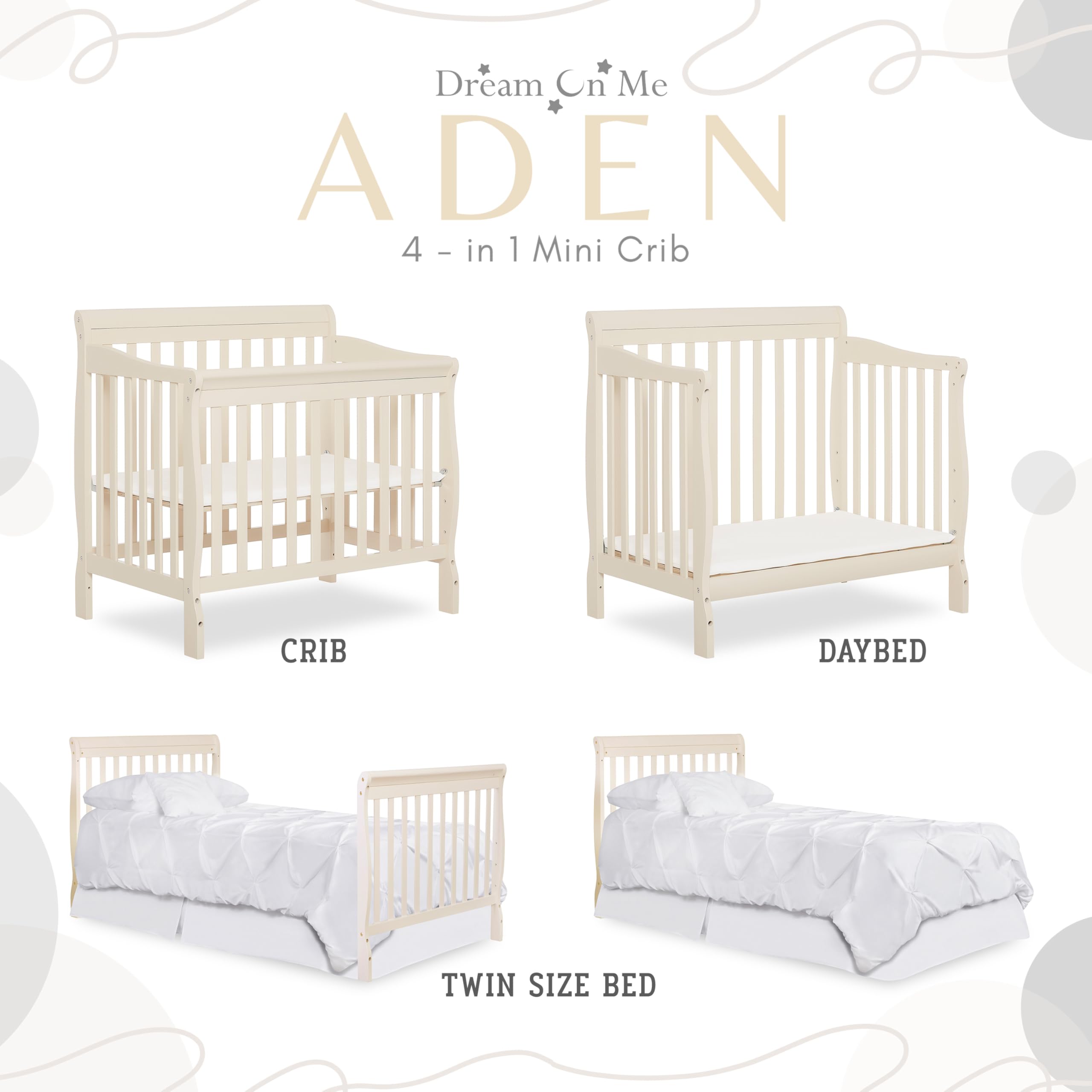 Dream On Me Aden 4-in-1 Convertible Mini Crib - French White | Greenguard Gold Certified | Non-Toxic New Zealand Pinewood | 3 Adjustable Mattress Heights | Perfect for Nursery, Small Spaces & Travel