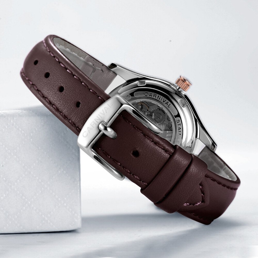 Luxury Women's Automatic Mechanical Watch with Luminous Hands, Calendar, Diamond Accents & Waterproof Leather Strap - Rose Gold & Brown | Perfect for Business, Party & Everyday Wear