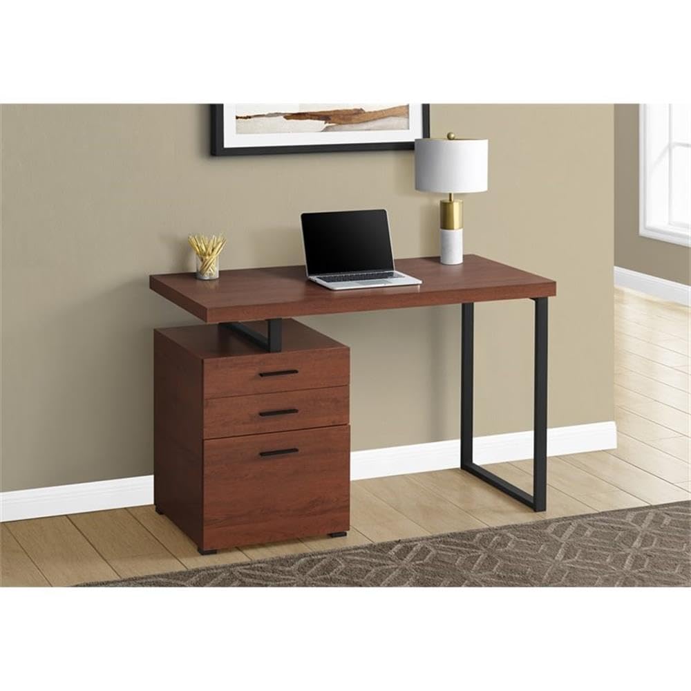 Reversible Wooden Pedestal Computer Desk in Cherry & Black - Home Office Desk with Storage Shelf | Perfect for Small Spaces, Dorm Rooms & Remote Work