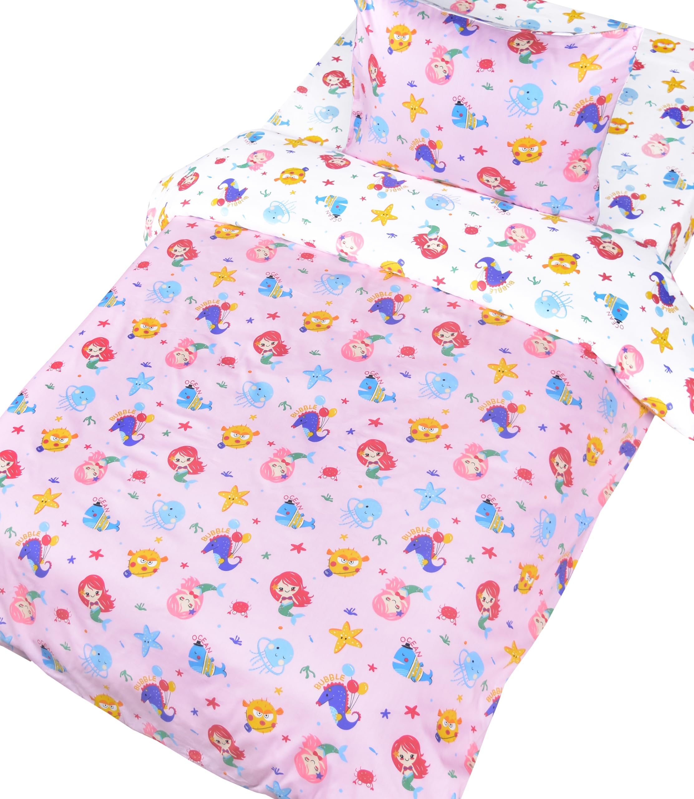 **Pink Mermaid Reversible Duvet Cover & Pillowcase Set for Kids - 100% Cotton Twin Size (60