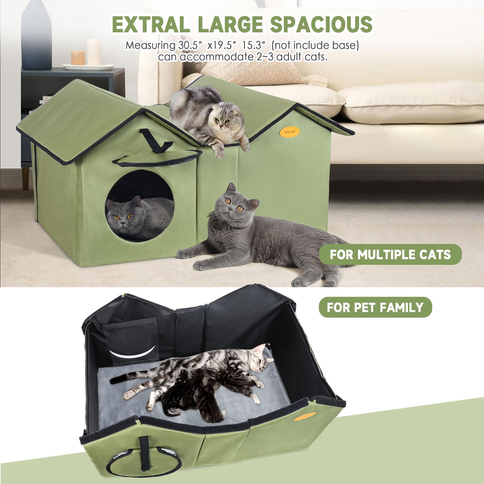 **Extra Large Heated Outdoor Cat House - Insulated & Waterproof Winter Shelter for Feral & Stray Cats - Weatherproof Elevated Design for Multiple Cats (Green) - Perfect for Backyards, Garages & Cold Climates**