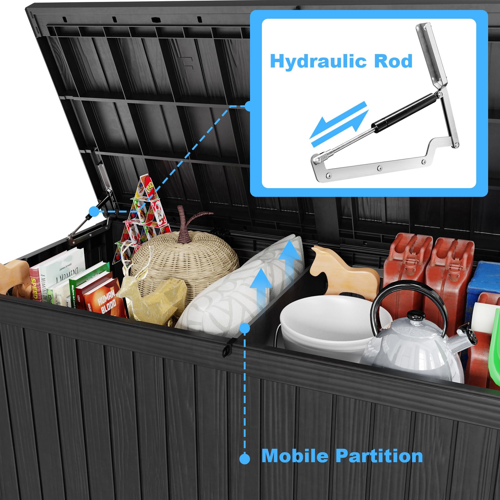 Vixzen 180 Gallon Resin Deck Box - Lockable Outdoor Storage Container for Patio Cushions, Garden Tools, Pool Accessories | Weatherproof & UV Resistant Black Deck Box | Perfect for Backyard, Poolside & Garden Organization