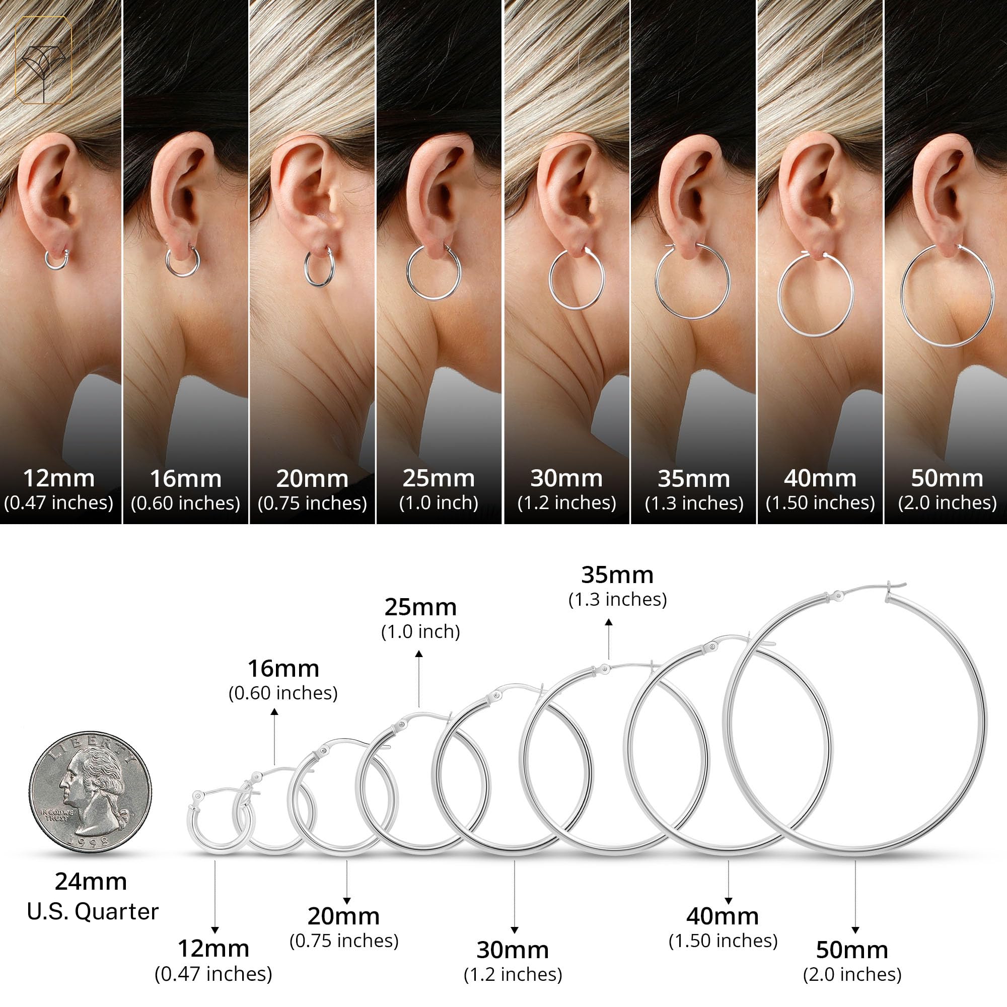 14K Solid Gold Hoop Earrings for Women - Yellow Gold & White Gold Click Closure Hoops | Small to Large Sizes 0.47