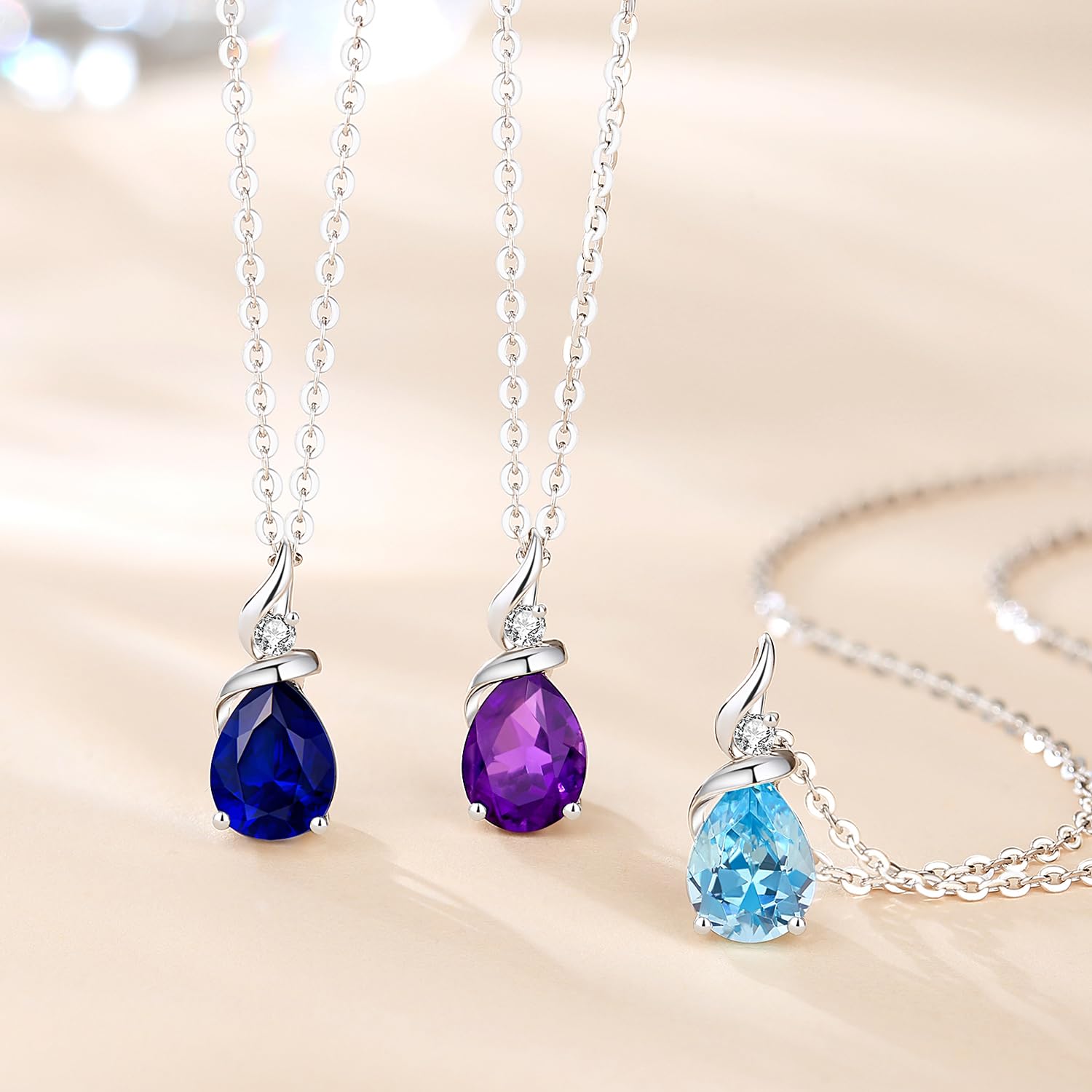 14K Solid White Gold Birthstone Pendant Necklace for Women | Diamond Pear Shaped Teardrop Necklace | Birthday Gift for Mom | Sterling Silver Chain 16
