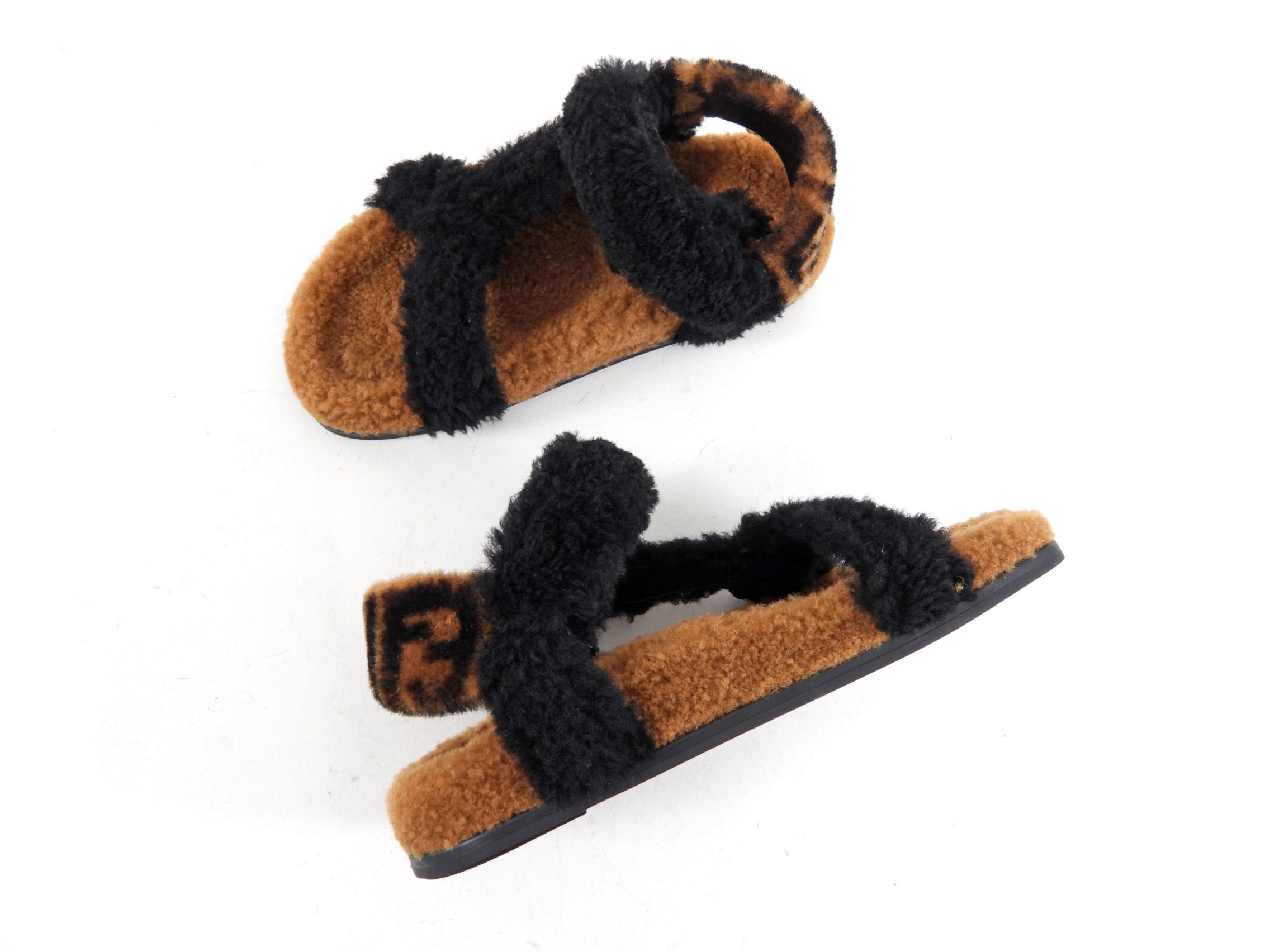 Fendi Brown & Black Zucca Logo Shearling Sandals Size 37 - Luxury Designer Summer Shoes for Women, Perfect for Beach Vacations & Fashion Outings