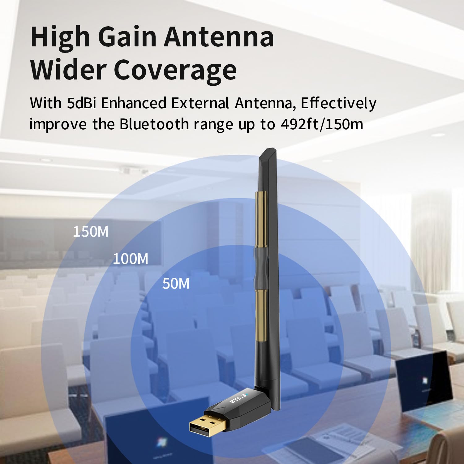 Long Range Bluetooth 5.3 USB Adapter for PC - 492FT Wireless Dongle, Plug and Play Bluetooth Transmitter for Windows 11/10/8.1/7, Compatible with Headphones, Speakers, Mouse, Keyboard (Not for Mac) - Perfect for Home Office, Gaming, and Wireless Audio Streaming