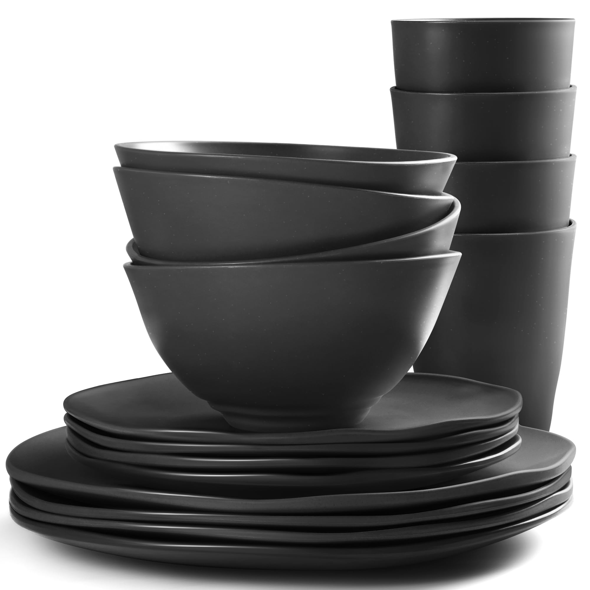 **Peurif 16-Piece Durable Plastic Wheat Straw Dinnerware Set - Unbreakable Plates, Bowls & Cups for 4 - Eco-Friendly Kitchen & Camping Dishes - Perfect for Outdoor Picnics, BBQs & Family Dinners - Black**