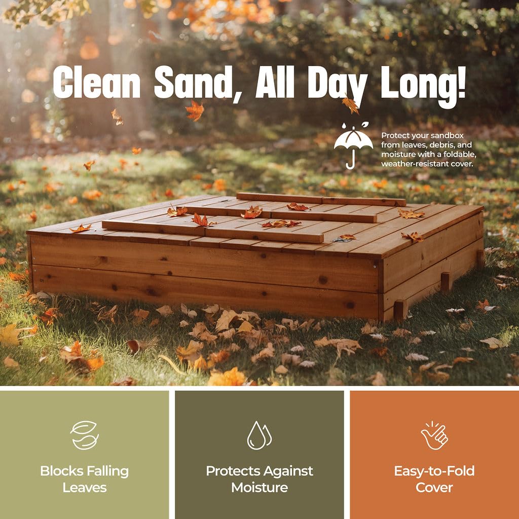 Large Wooden Kids Sandbox with Lid – Outdoor Sand Box with Cover, Foldable Bench Seats & Bottom Liner – Perfect for Backyard, Garden & Playground Sand Play