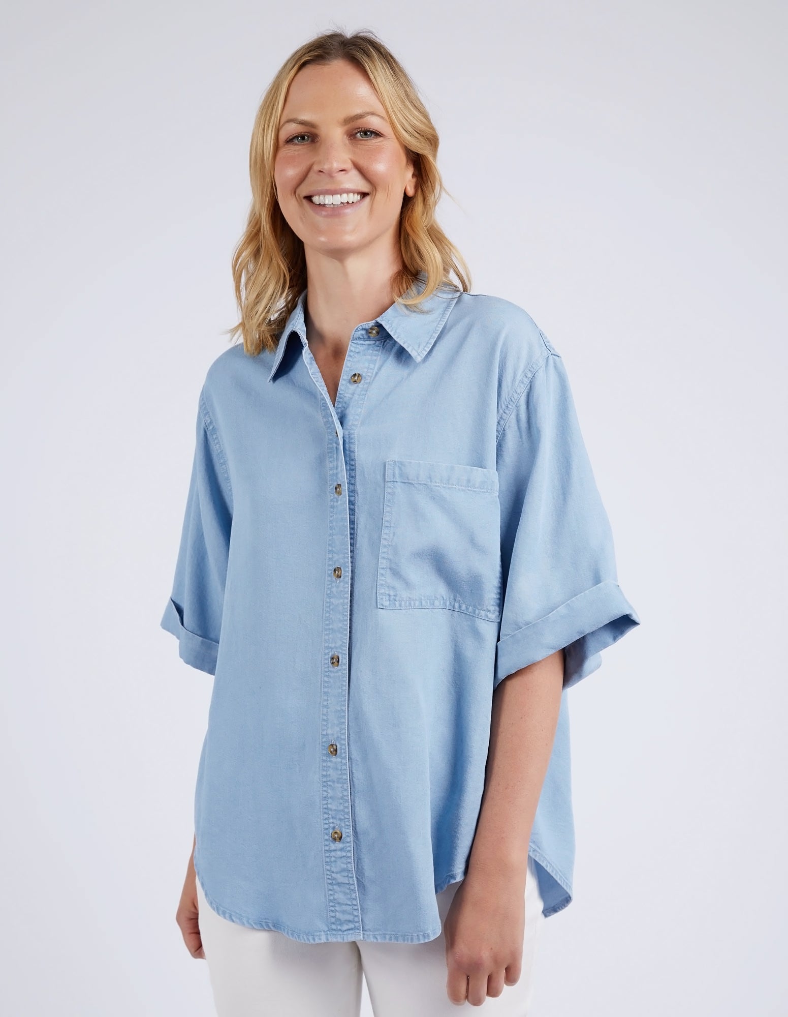 Elm Blissful Chambray Short Sleeve Shirt for Men - Light Blue Washed Denim Style - Perfect for Casual Wear, Summer Outfits & Beach Vacations