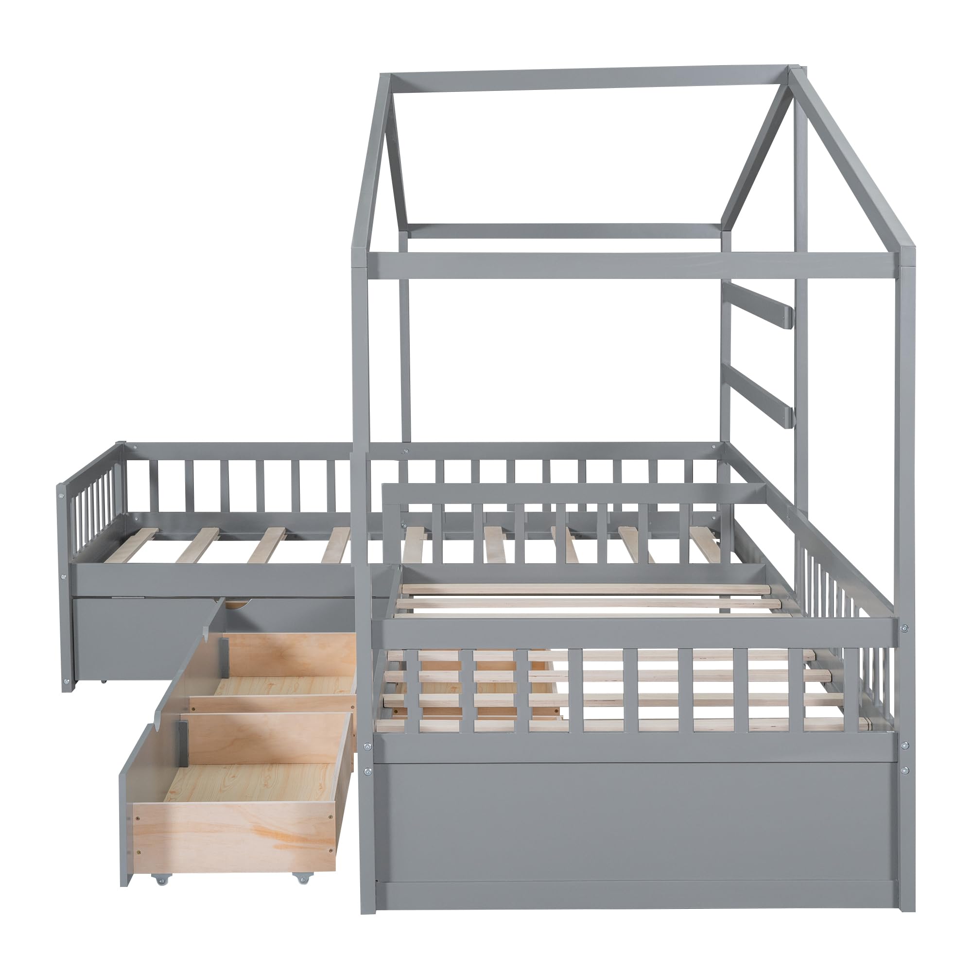 P PURLOVE L-Shaped Twin Wooden House Platform Bed Frame with 3 Storage Drawers & Guardrail - No Box Spring Needed, Gray - Perfect for Small Bedrooms, Kids Rooms & Space-Saving Storage Solutions