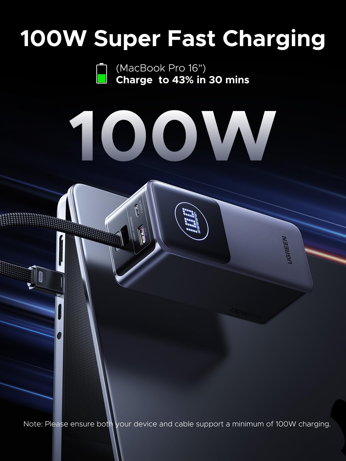 UGREEN Nexode 20000mAh 130W PD Fast Charging Power Bank with Built-in USB-C Cable - Portable Charger for iPhone, MacBook, iPad, Samsung Galaxy | Perfect for Travel, Camping & Emergency Backup
