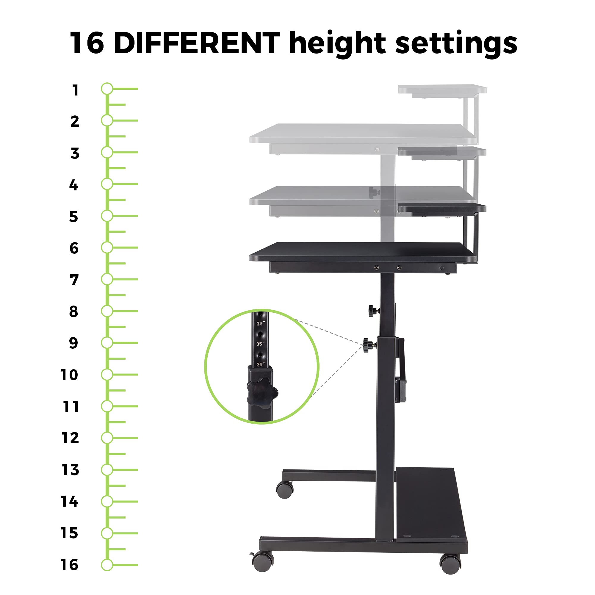 Eureka Ergonomic 41-Inch Adjustable Height Computer Desk with Hutch, CPU Stand & Lockable Wheels - Rolling Sit Stand Desk for Home Office - Black | Perfect for Small Spaces & Remote Work