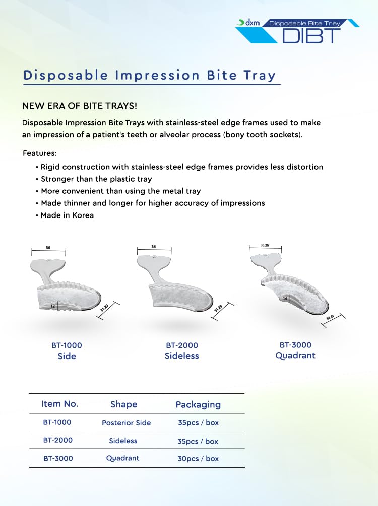 35 Disposable Impression Bite Trays DIBT Sideless for Dental Work - Includes 48 Free Heavy Body Mixing Tips - Perfect for Dentists, Orthodontists & Dental Labs