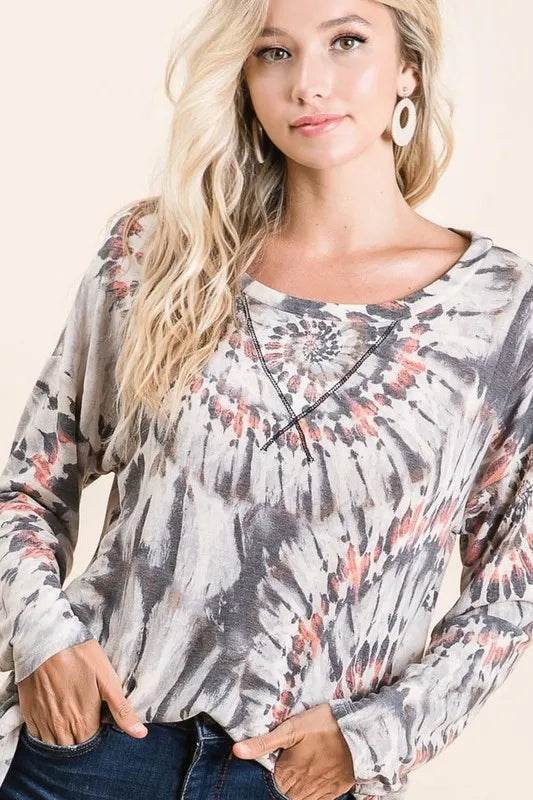 Bibi Tie Dye Terry Top with Contrast Stitching - Charcoal Grey Women's Casual Shirt | Perfect for Summer Outfits, Beach Wear & Boho Fashion