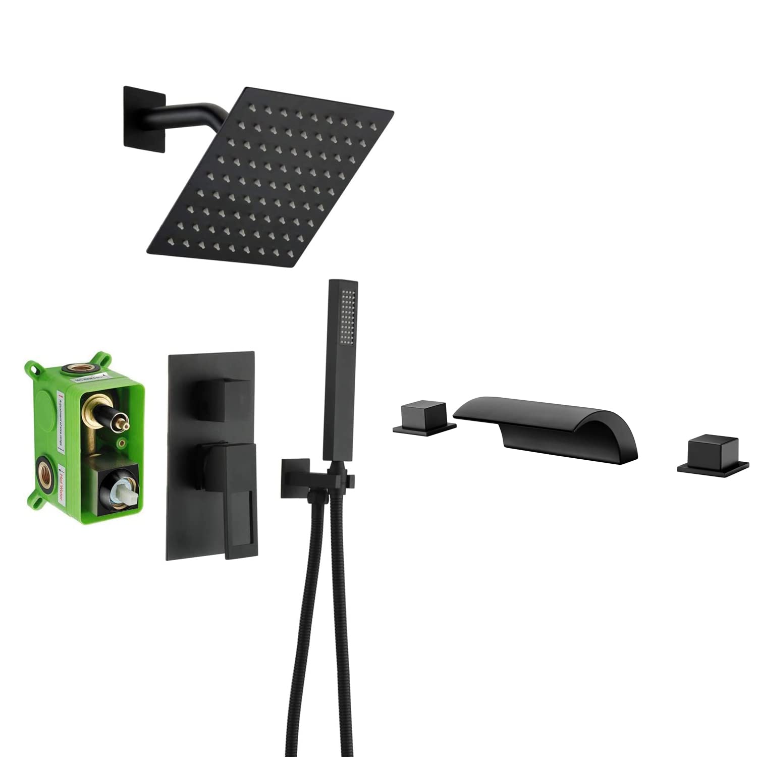Premium Black Shower System S3218DI with Waterfall Roman Tub Faucet S2091DW - Modern Bathroom Fixtures for Luxurious Spa Experience at Home