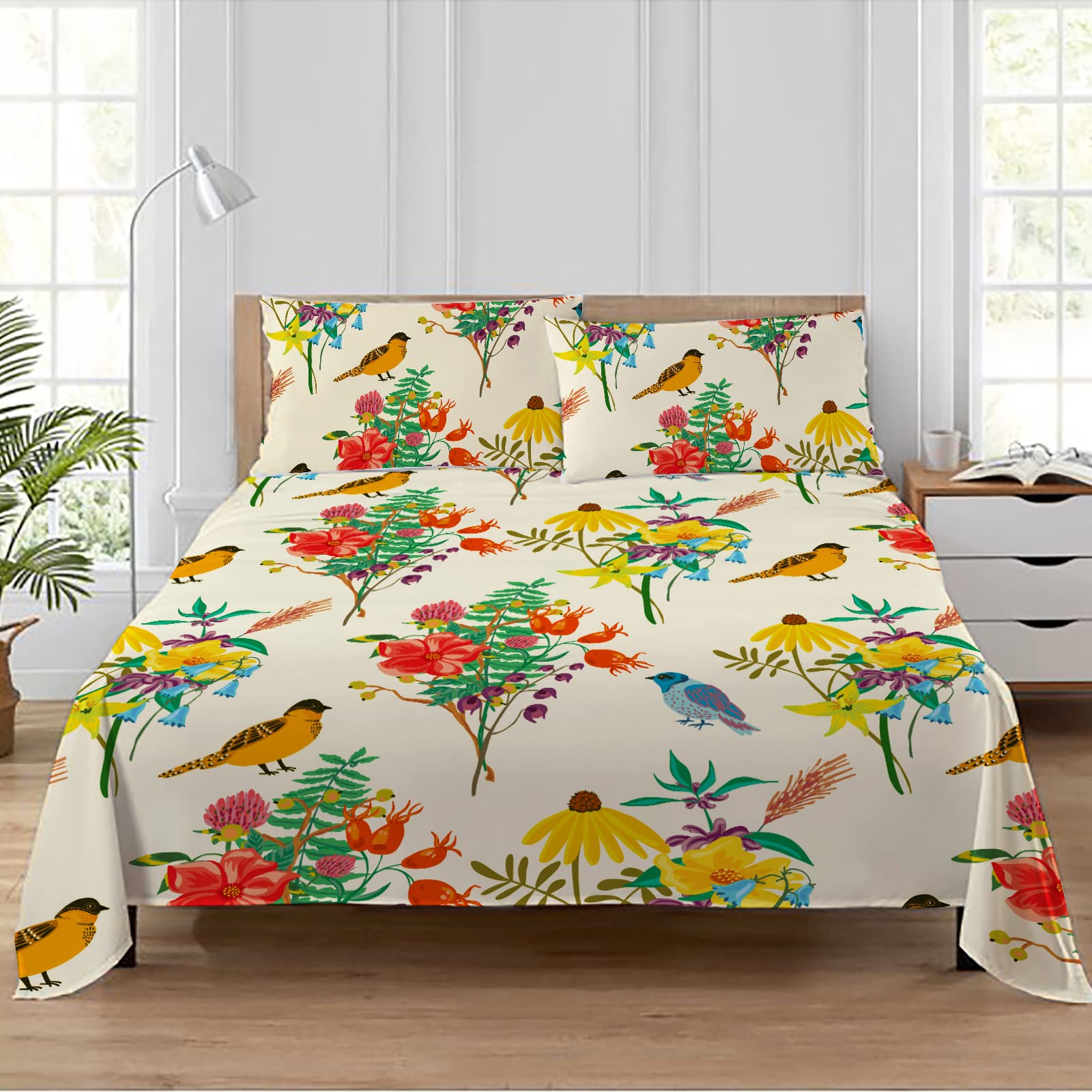 Floral Queen Bed Sheets Set - Cream Botanical Branches & Birds Pattern, 4-Piece Deep Pocket Sheets with 2 Pillowcases, Ultra Soft Cotton for Cozy Bedroom Decor | Perfect for Master Bedroom, Guest Room & Dorm