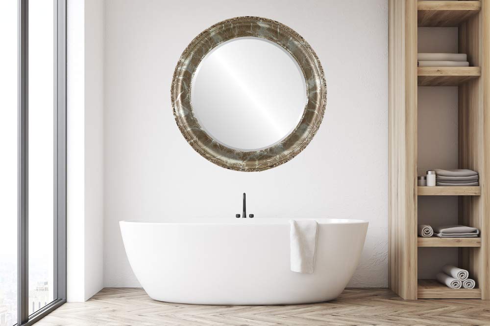 Ovalcrest 33x33 Inch Round Wooden Beveled Wall Mirror - Champagne Silver Frame for Bathroom, Bedroom, Living Room & Hallway Decor - Perfect for Vanity, Entryway & Home Styling